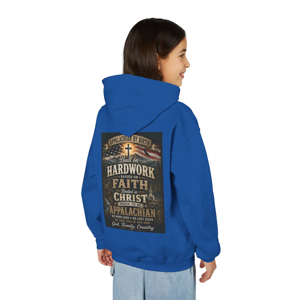 Youth Hoodie — 'Too Country to Care' / Appalachian Faith Graphic