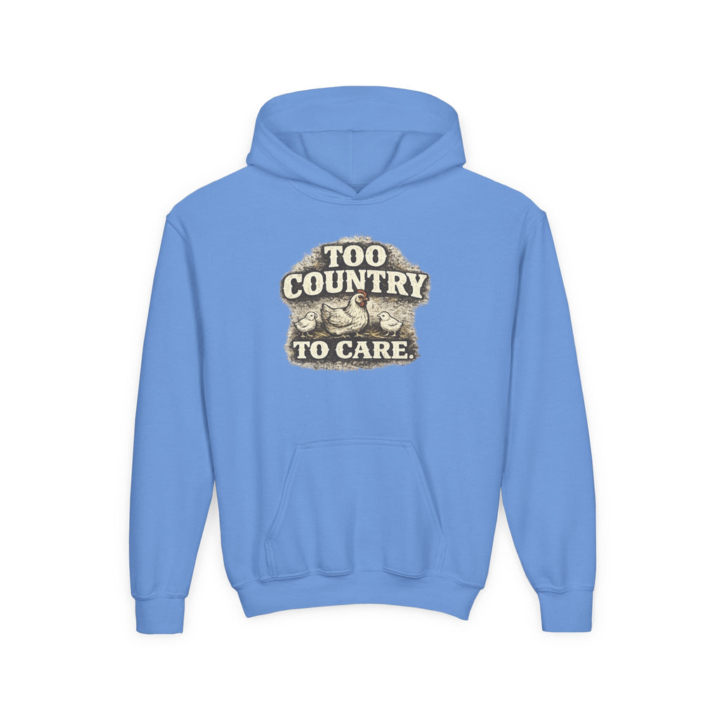 Youth Hoodie — 'Too Country to Care' / Appalachian Faith Graphic