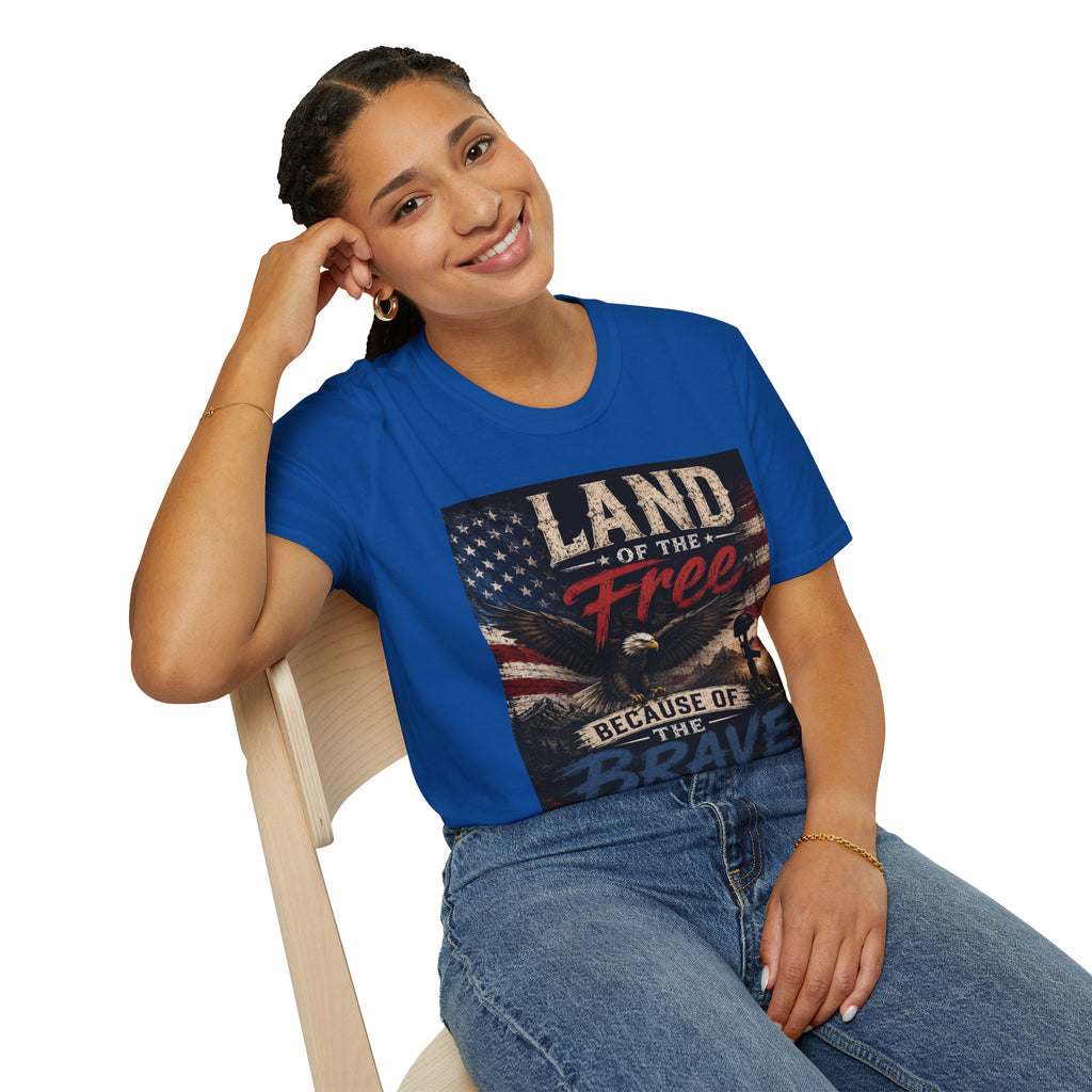 Land of the Free T‑Shirt — Vintage American Flag & Bald Eagle "Because of the Brave"
