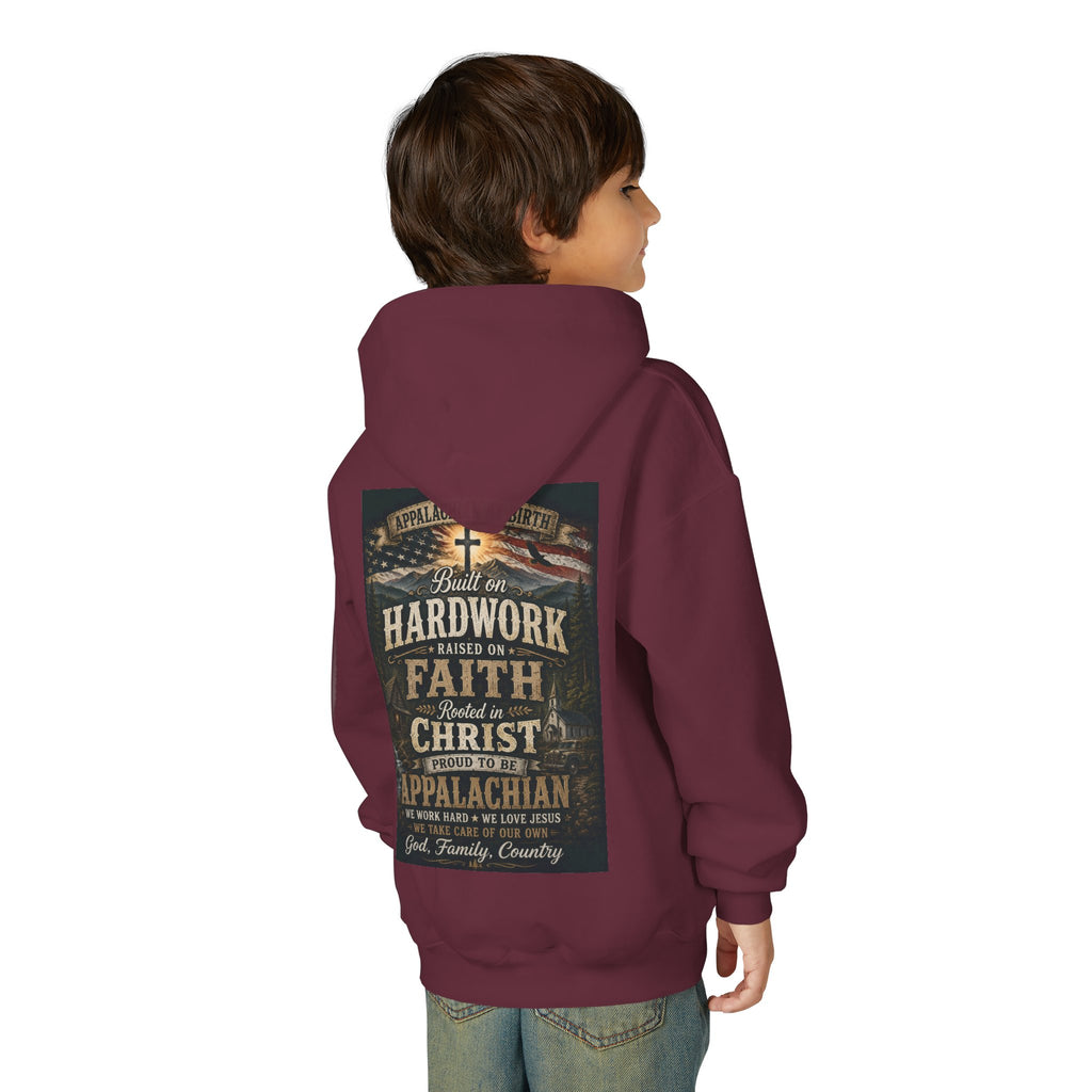 Youth Hoodie — 'Too Country to Care' / Appalachian Faith Graphic