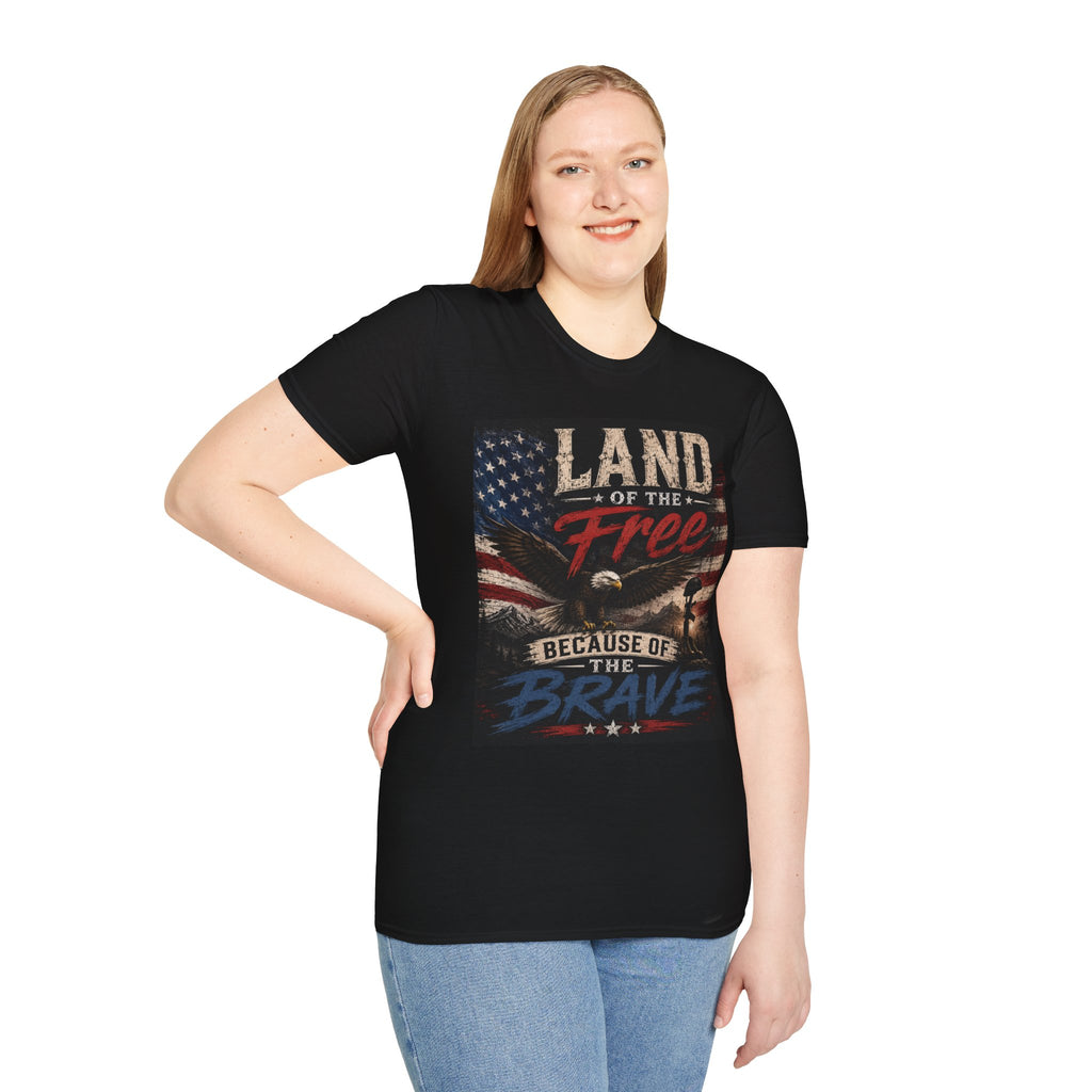 Land of the Free T‑Shirt — Vintage American Flag & Bald Eagle "Because of the Brave"