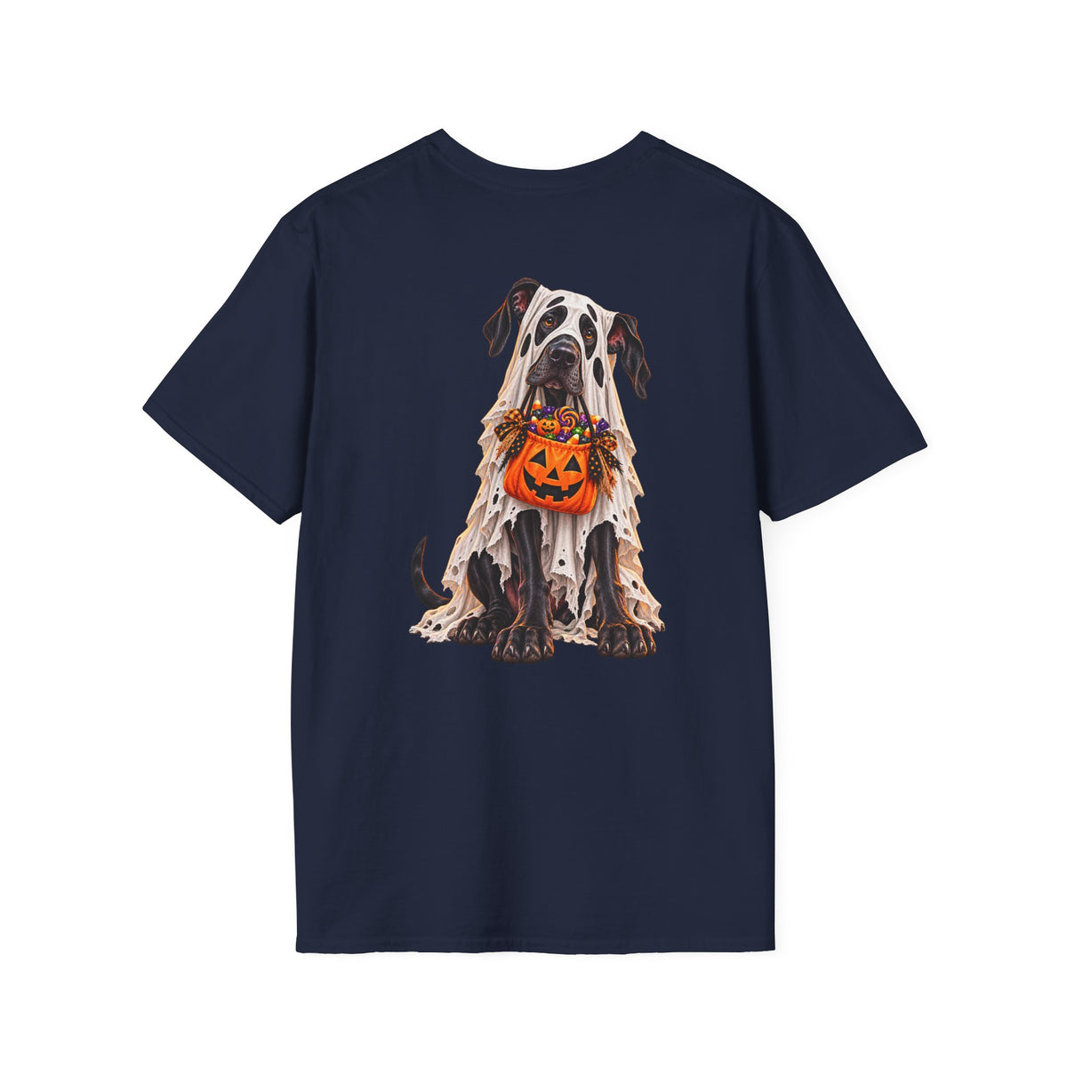 Halloween Dog T-Shirt — Great Dane with Pumpkin Candy Pail