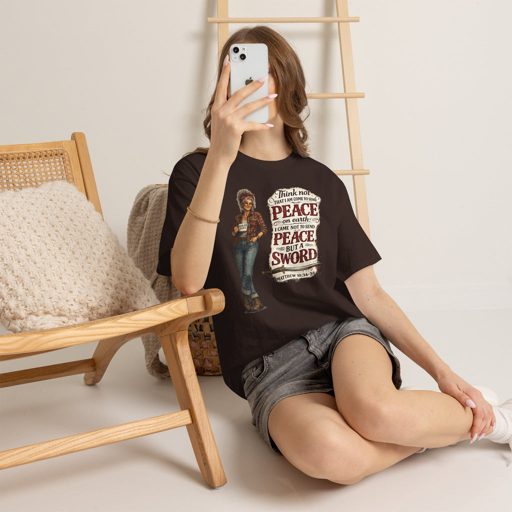 Christian Faith Tee — "I Come Not to Send Peace but a Sword" Matthew 10:34 Graphic Shirt