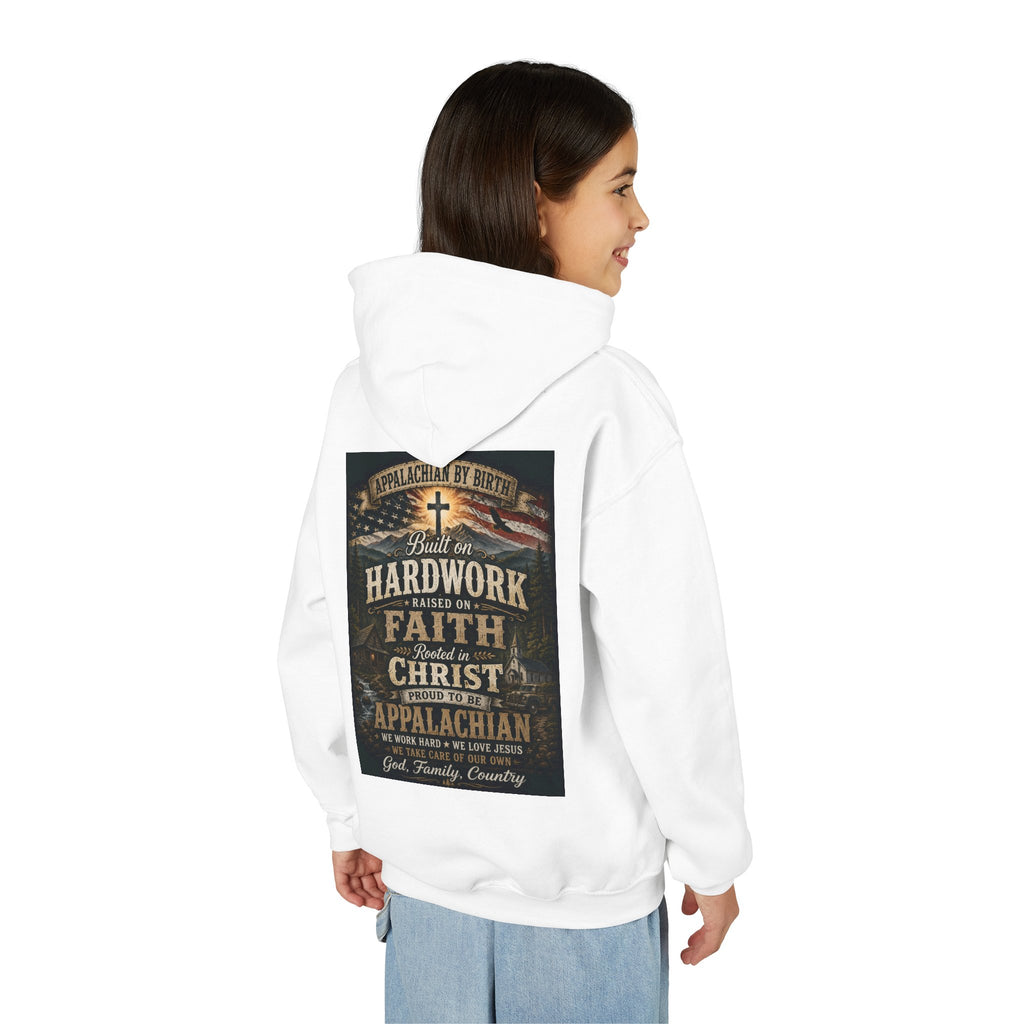 Youth Hoodie — 'Too Country to Care' / Appalachian Faith Graphic
