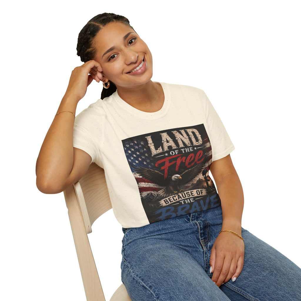 Land of the Free T‑Shirt — Vintage American Flag & Bald Eagle "Because of the Brave"