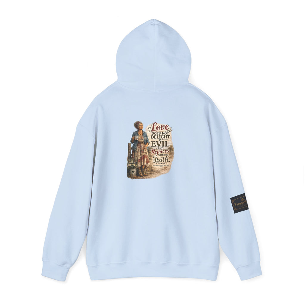 Christian Faith Hoodie - "Love Does Not Delight in Evil" Scripture Sweatshirt