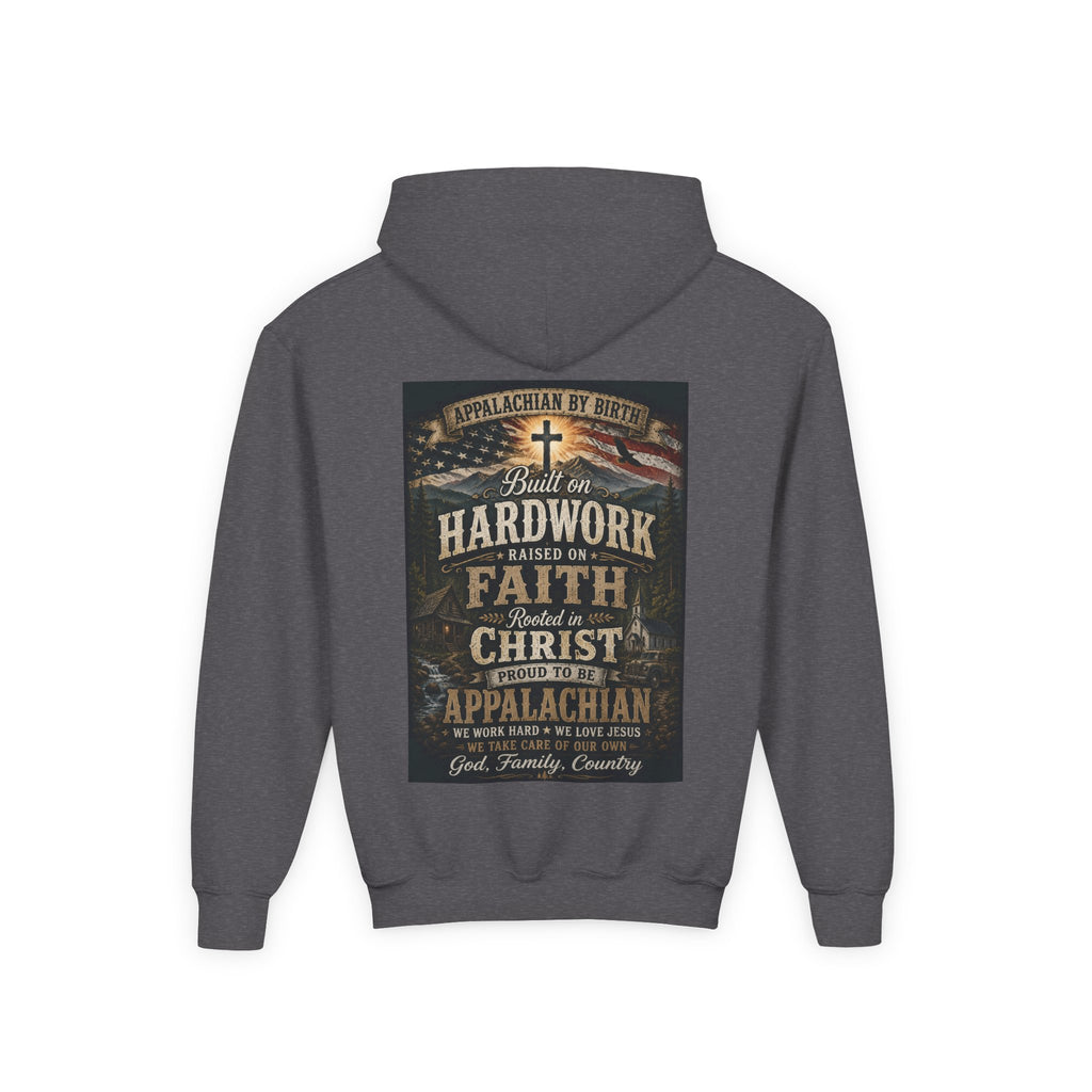 Youth Hoodie — 'Too Country to Care' / Appalachian Faith Graphic