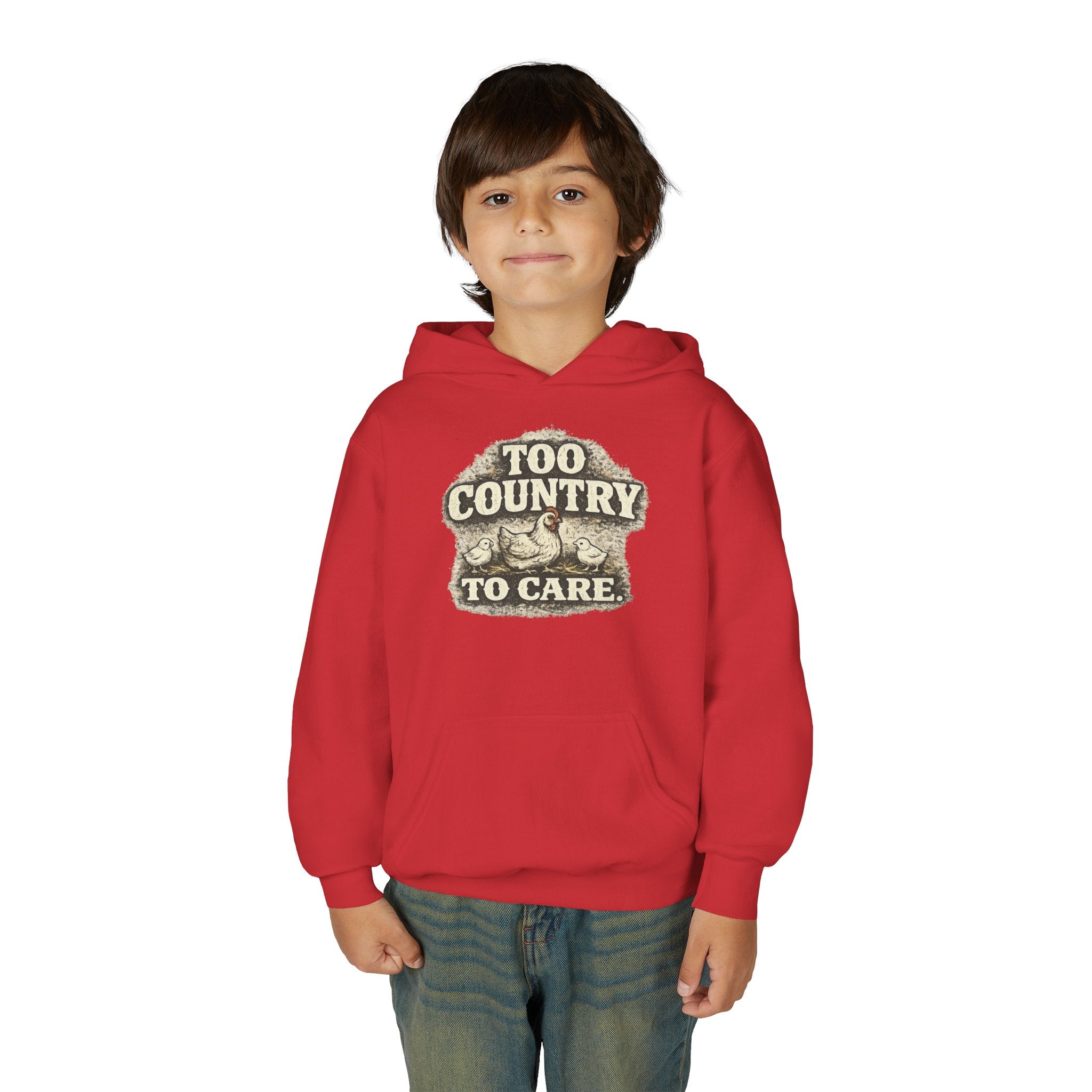 Youth Hoodie — 'Too Country to Care' / Appalachian Faith Graphic