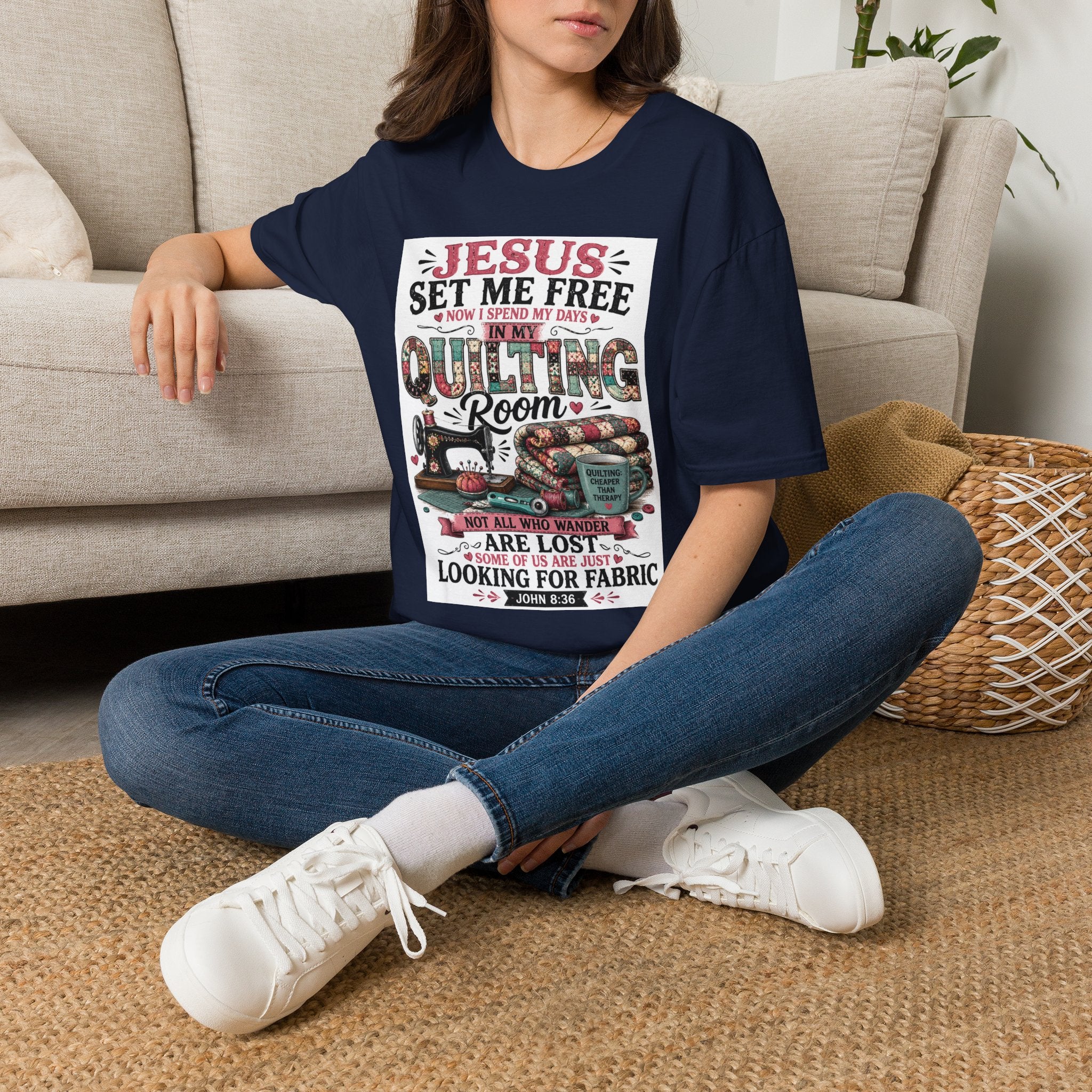 Quilting T-Shirt — "Jesus Set Me Free" Faithful Quilter Tee