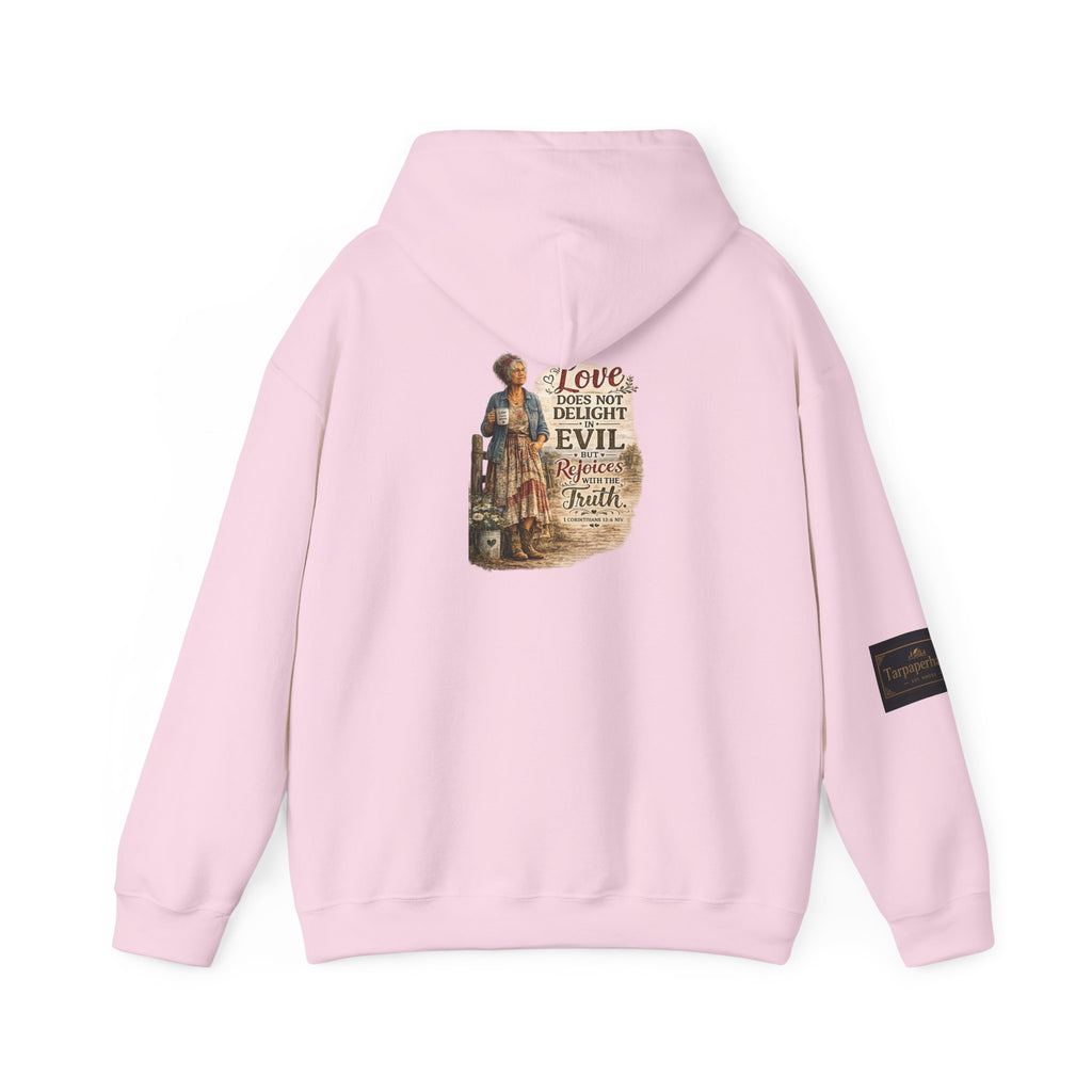 Christian Faith Hoodie - "Love Does Not Delight in Evil" Scripture Sweatshirt