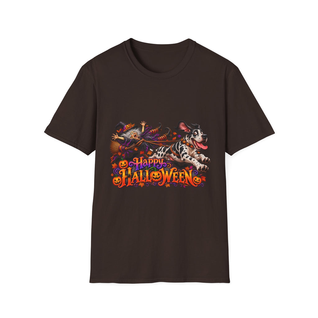 Halloween Dog T-Shirt — Great Dane with Pumpkin Candy Pail