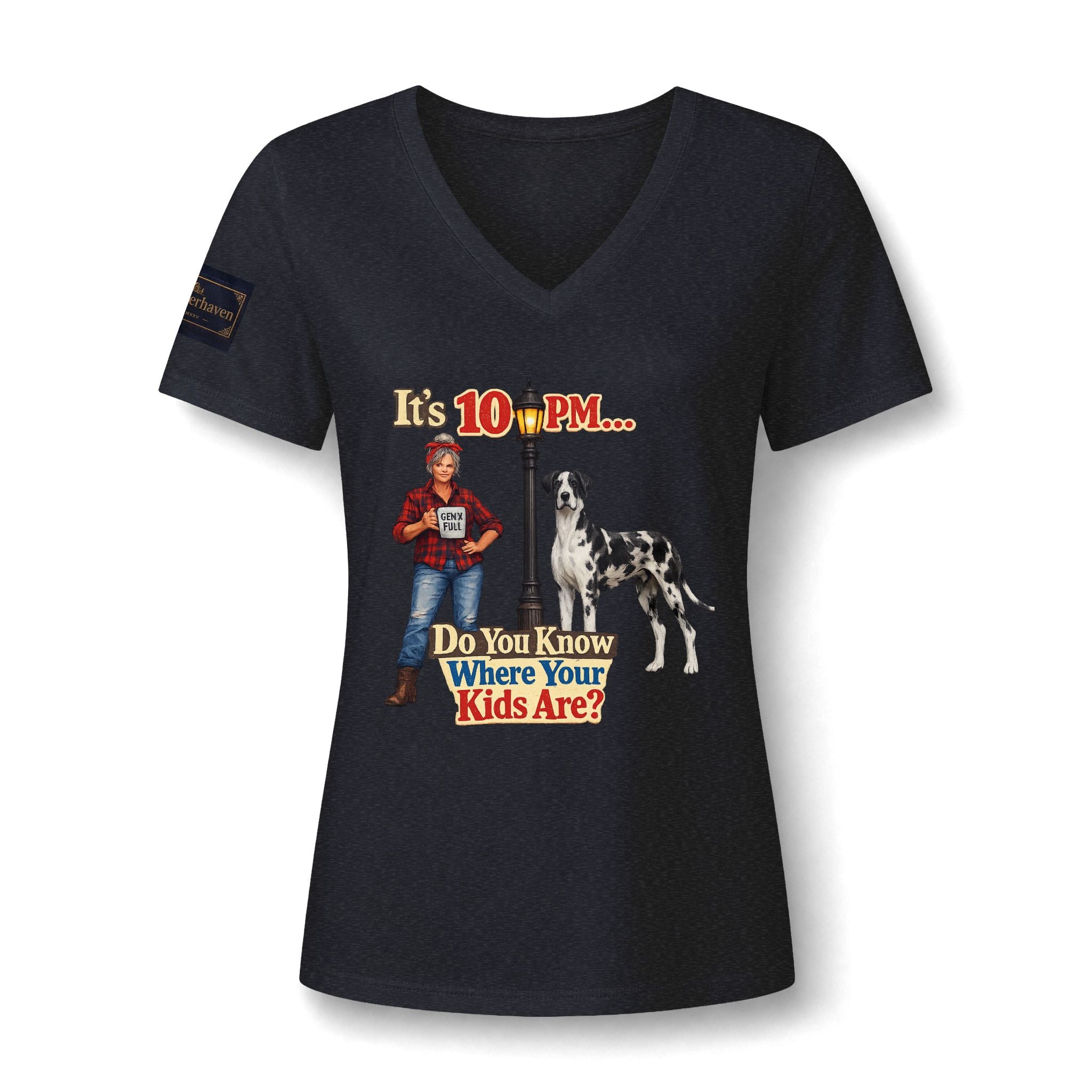 V-Neck Tee — "It's 10 PM... Do You Know Where Your Kids Are?" Retro Dog Graphic