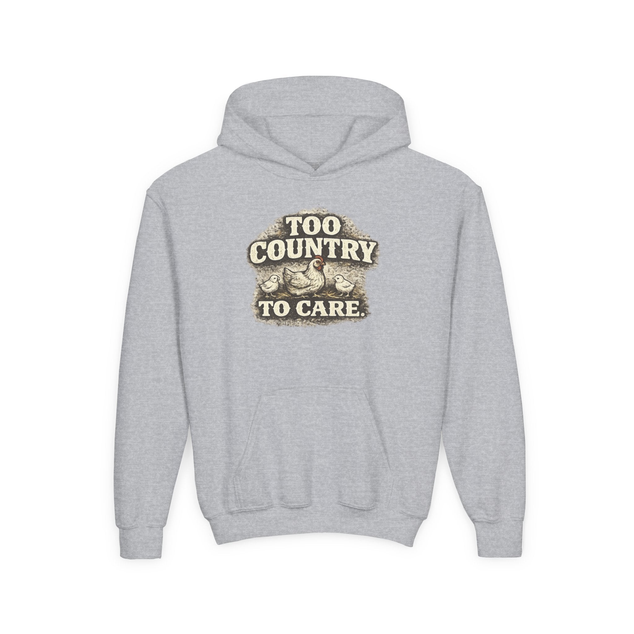 Youth Hoodie — 'Too Country to Care' / Appalachian Faith Graphic