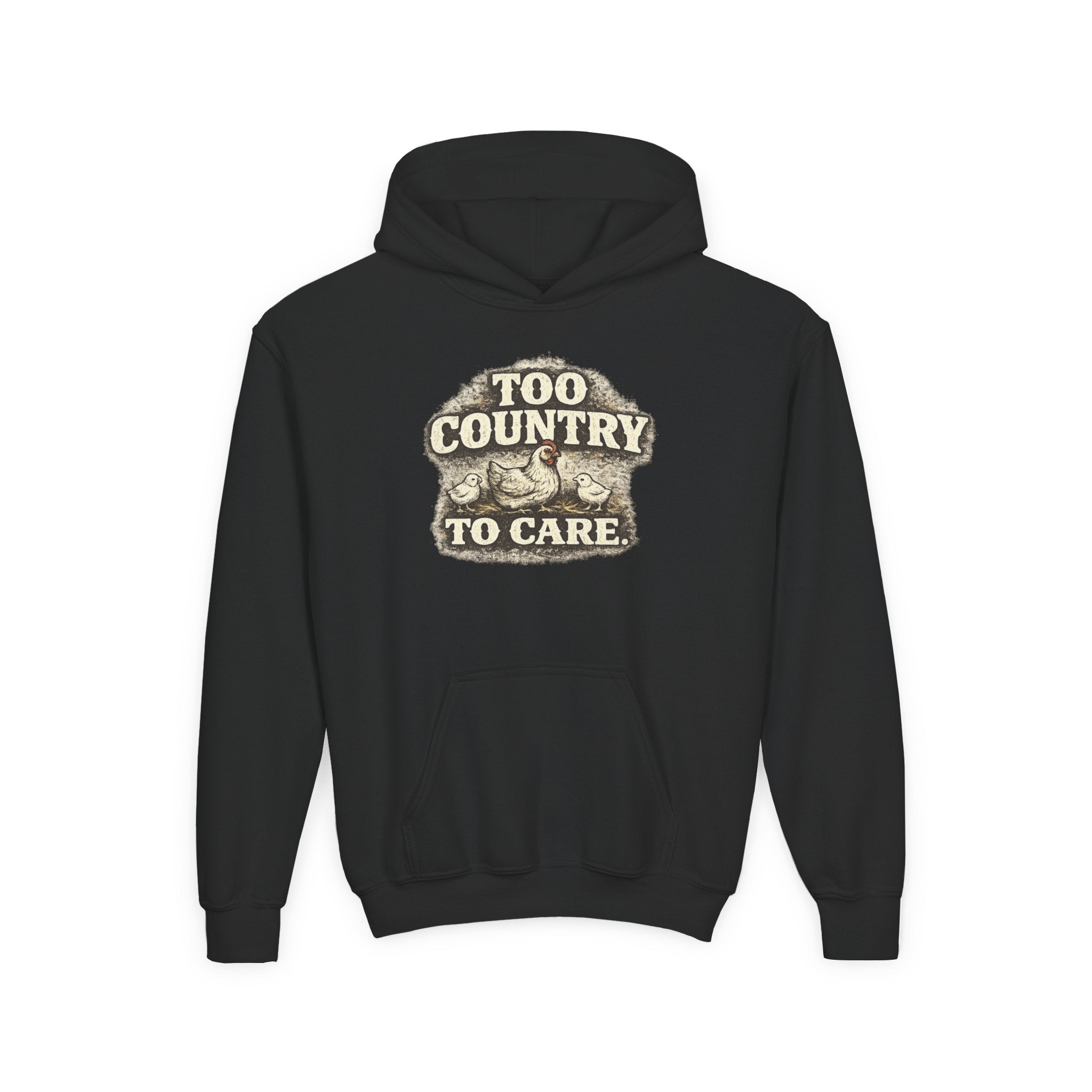 Youth Hoodie — 'Too Country to Care' / Appalachian Faith Graphic