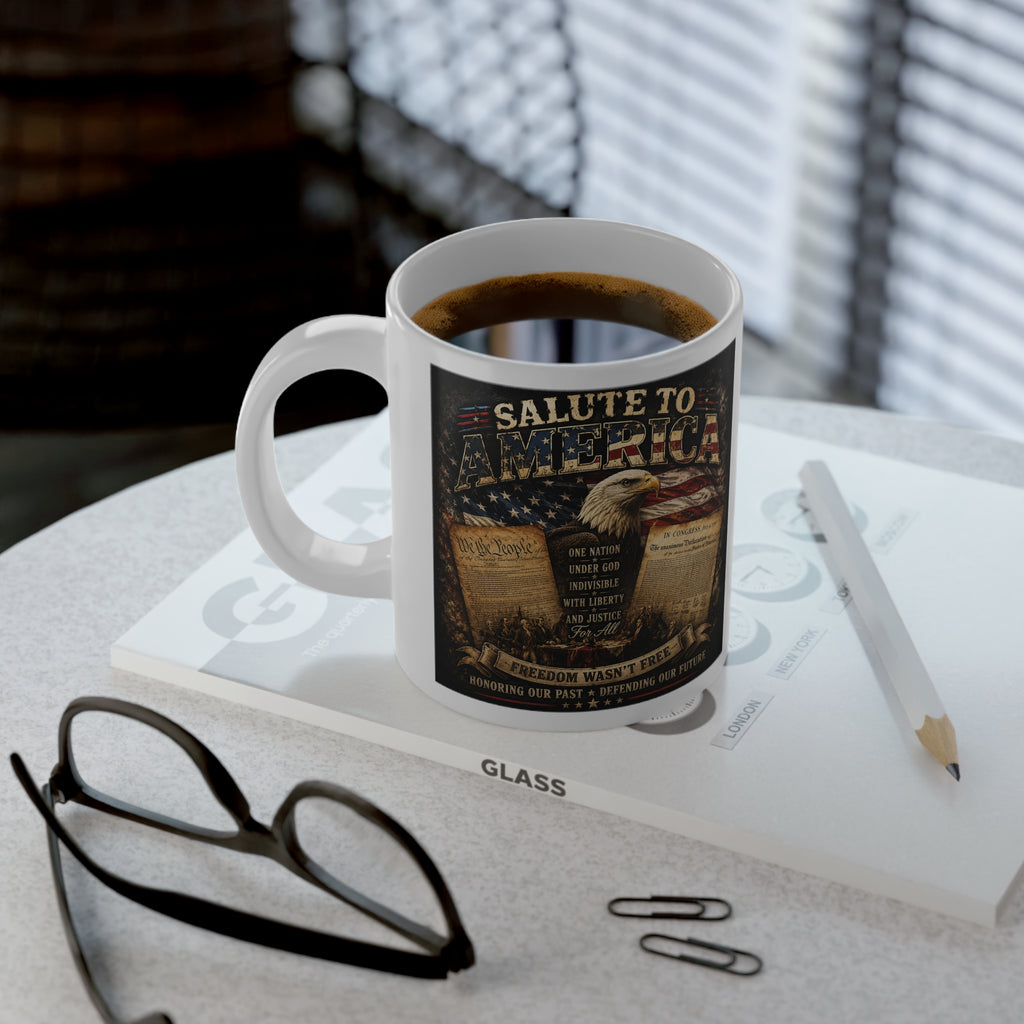 Jumbo Mug — Patriotic 'Salute to America' 20oz Coffee Cup with Constitution & Flag Design