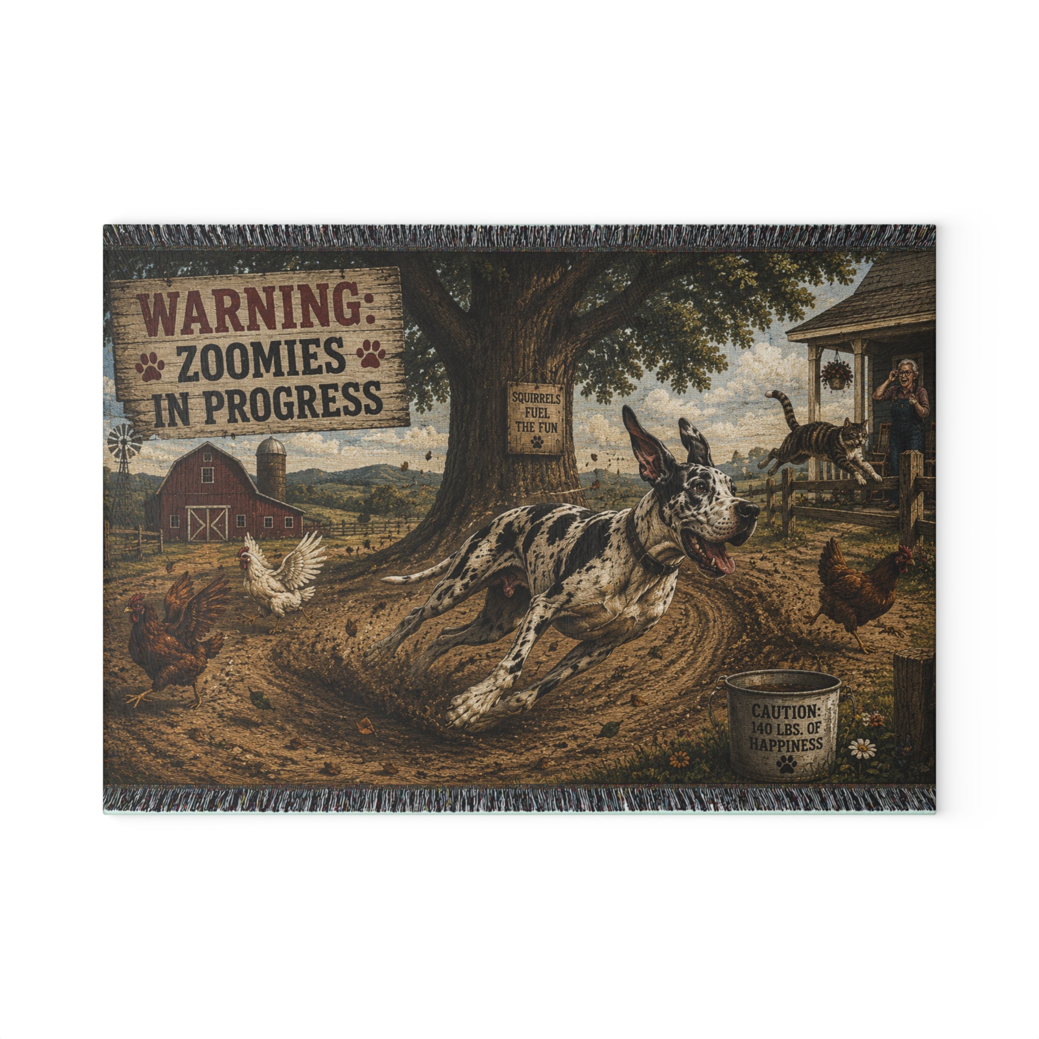 Glass Cutting Board - "Warning: Zoomies in Progress" Farm Dog Kitchen Decor