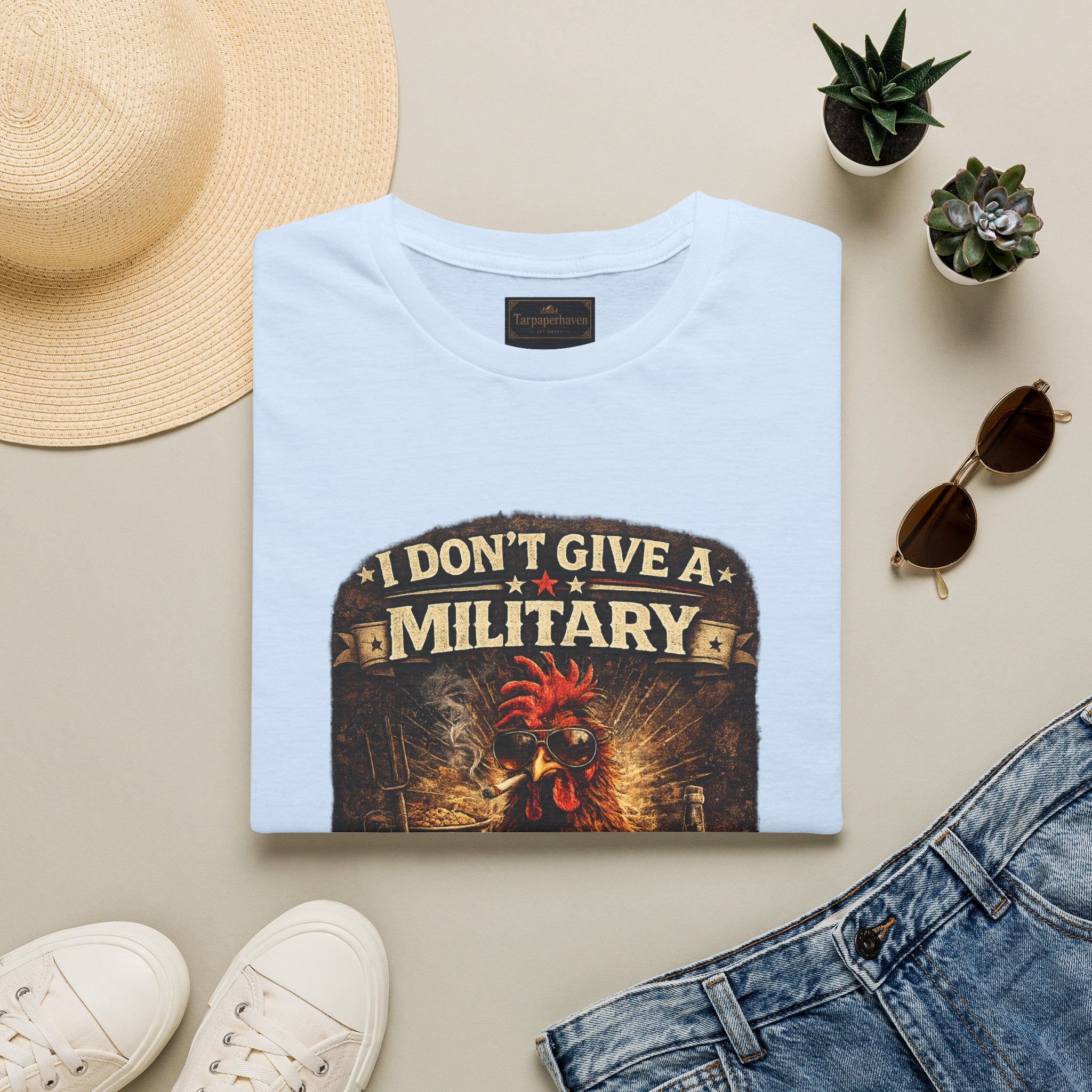 T‑Shirt — "I Don't Give A Military Cluck" Rooster Graphic Tee