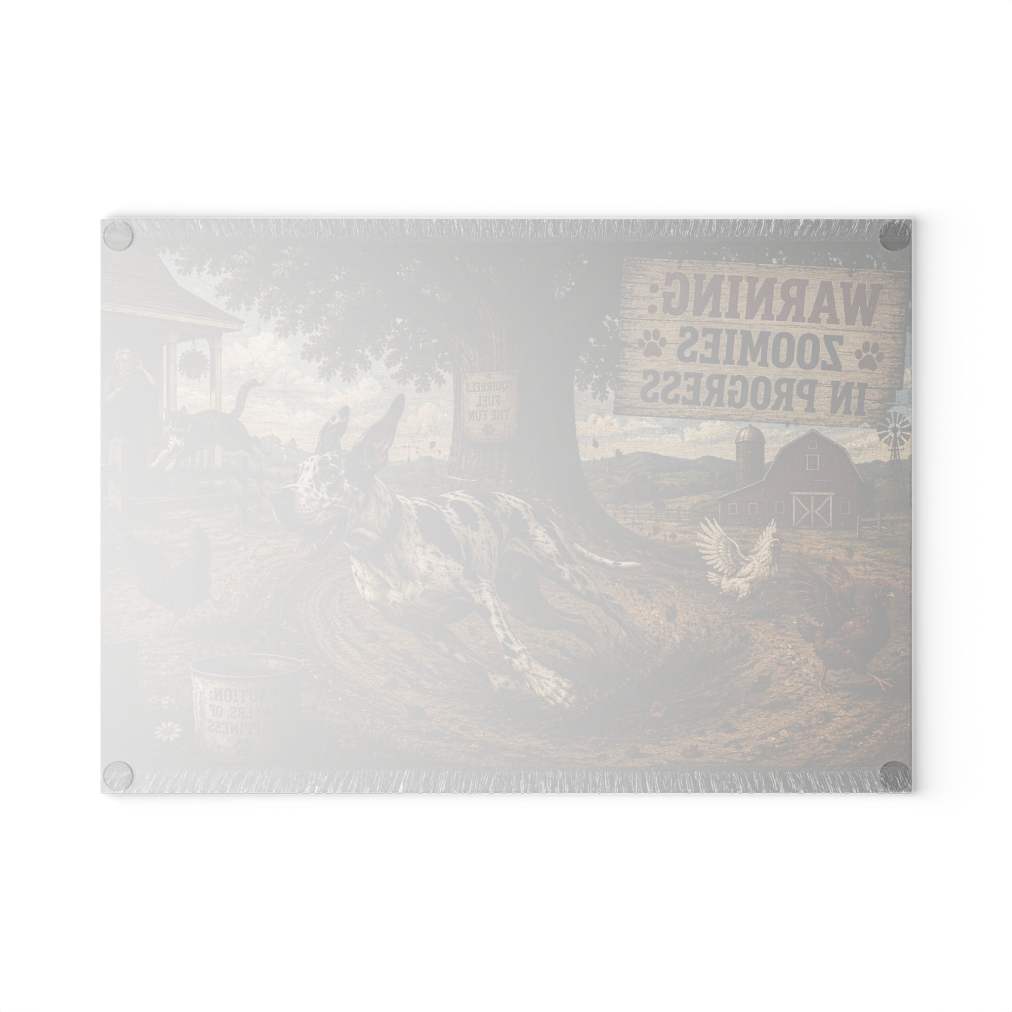 Glass Cutting Board - "Warning: Zoomies in Progress" Farm Dog Kitchen Decor