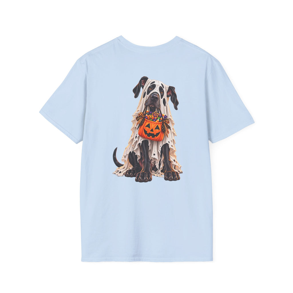 Halloween Dog T-Shirt — Great Dane with Pumpkin Candy Pail