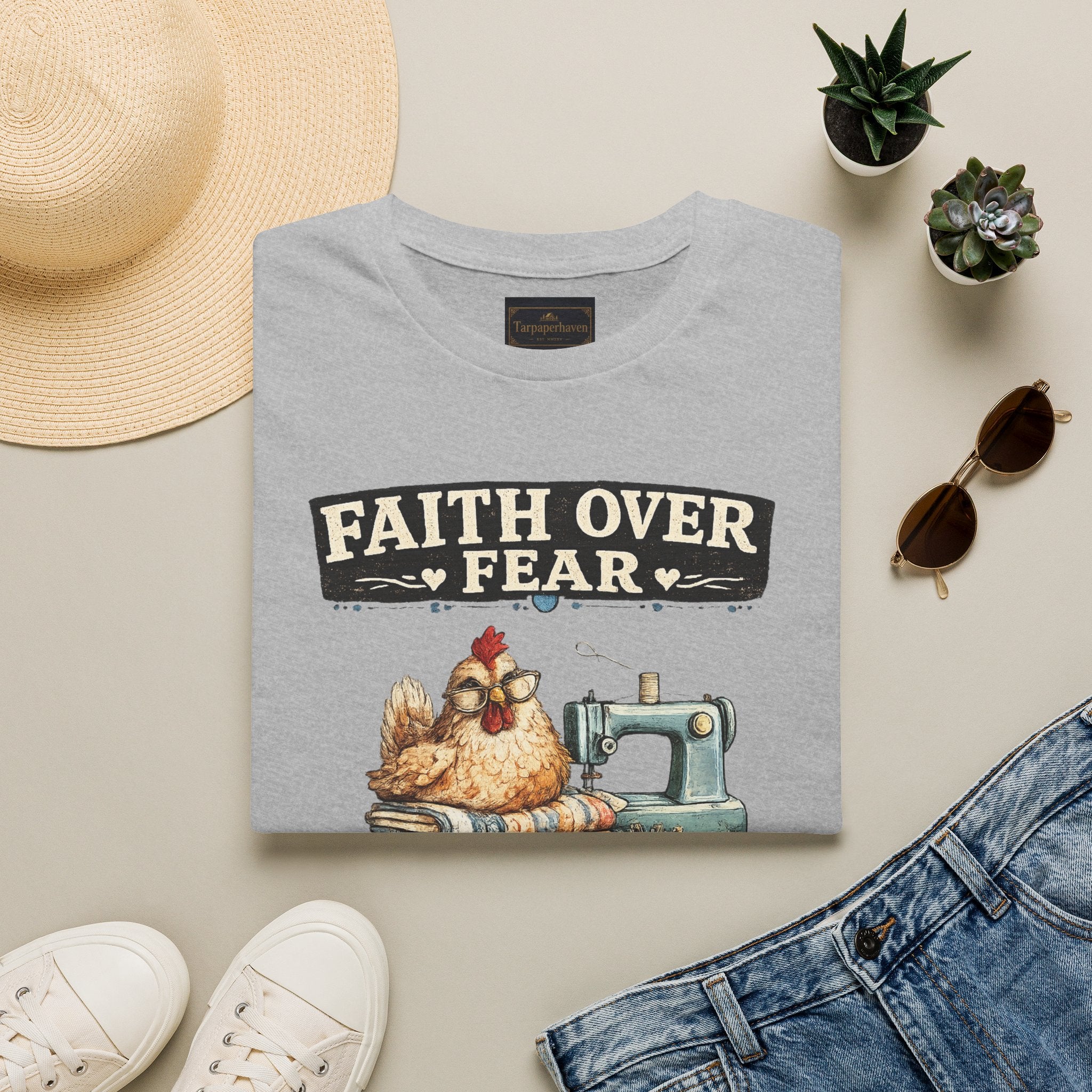 Faith Over Fear Quilting T‑Shirt — Chicken & Sewing Machine Graphic