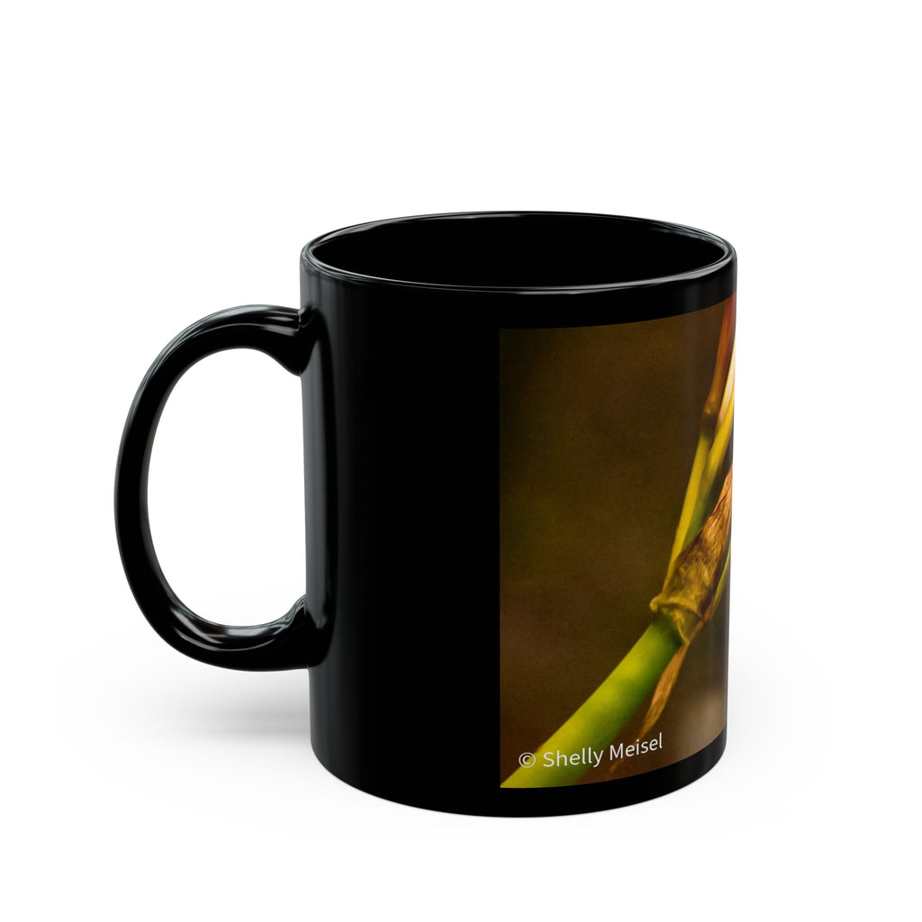 Floral Calla Lily Black Coffee Mug — Elegant Pink & Yellow Flower Photo