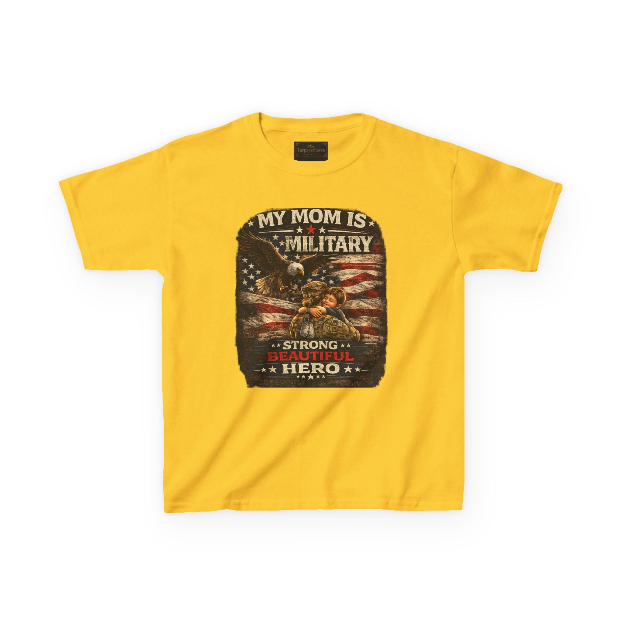 Kids Tee — "My Mom Is Military" Patriotic American Flag Shirt