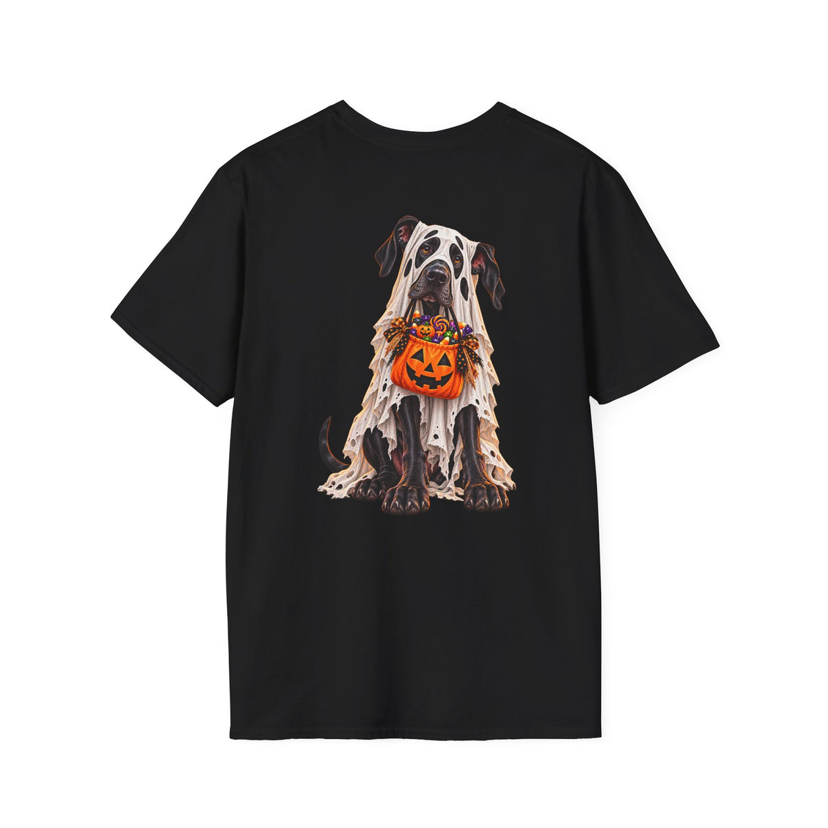 Halloween Dog T-Shirt — Great Dane with Pumpkin Candy Pail