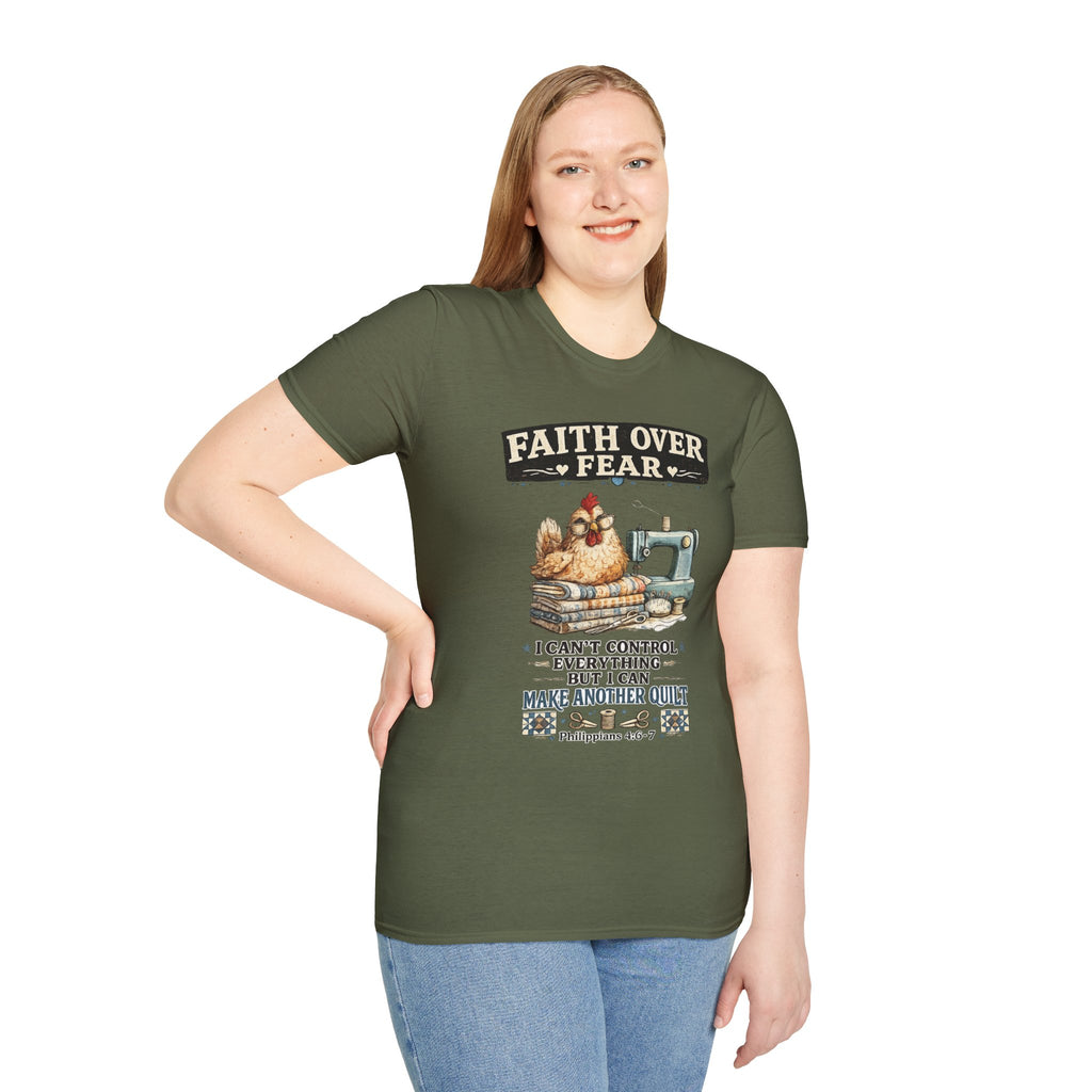 Faith Over Fear Quilting T‑Shirt — Chicken & Sewing Machine Graphic