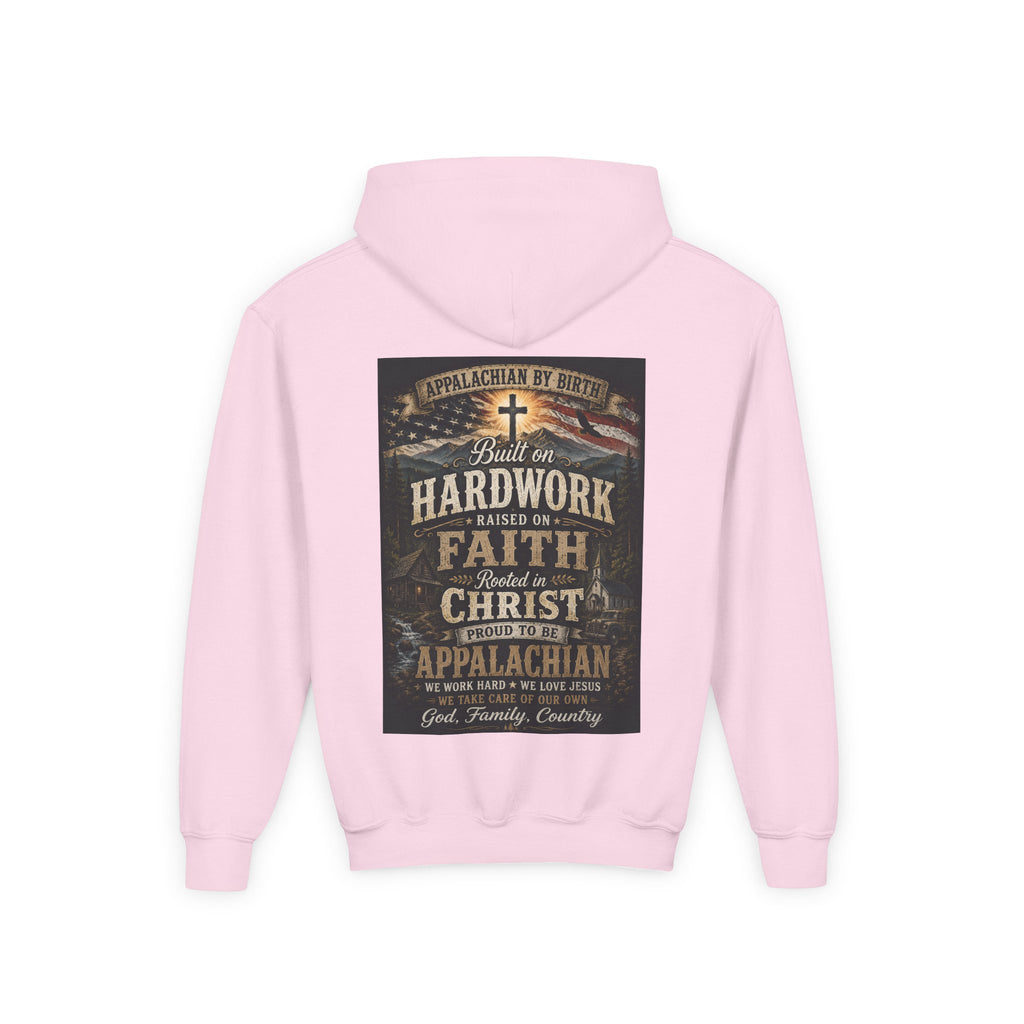 Youth Hoodie — 'Too Country to Care' / Appalachian Faith Graphic