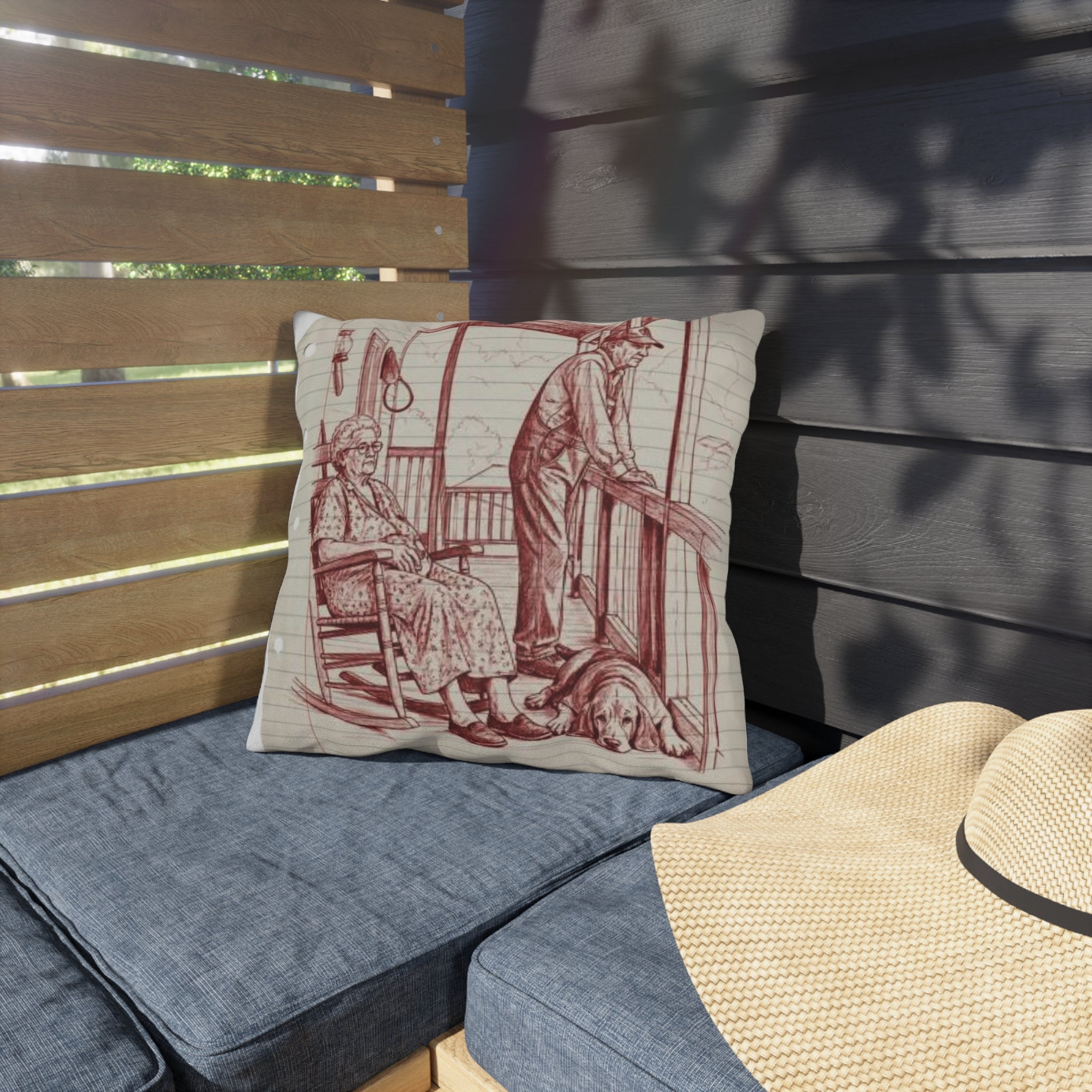 Hill folk red work americana Porch Outdoor Pillow
