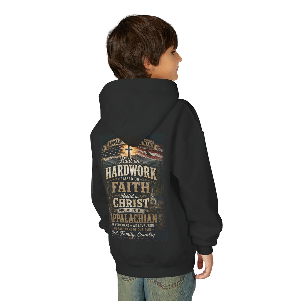 Youth Hoodie — 'Too Country to Care' / Appalachian Faith Graphic