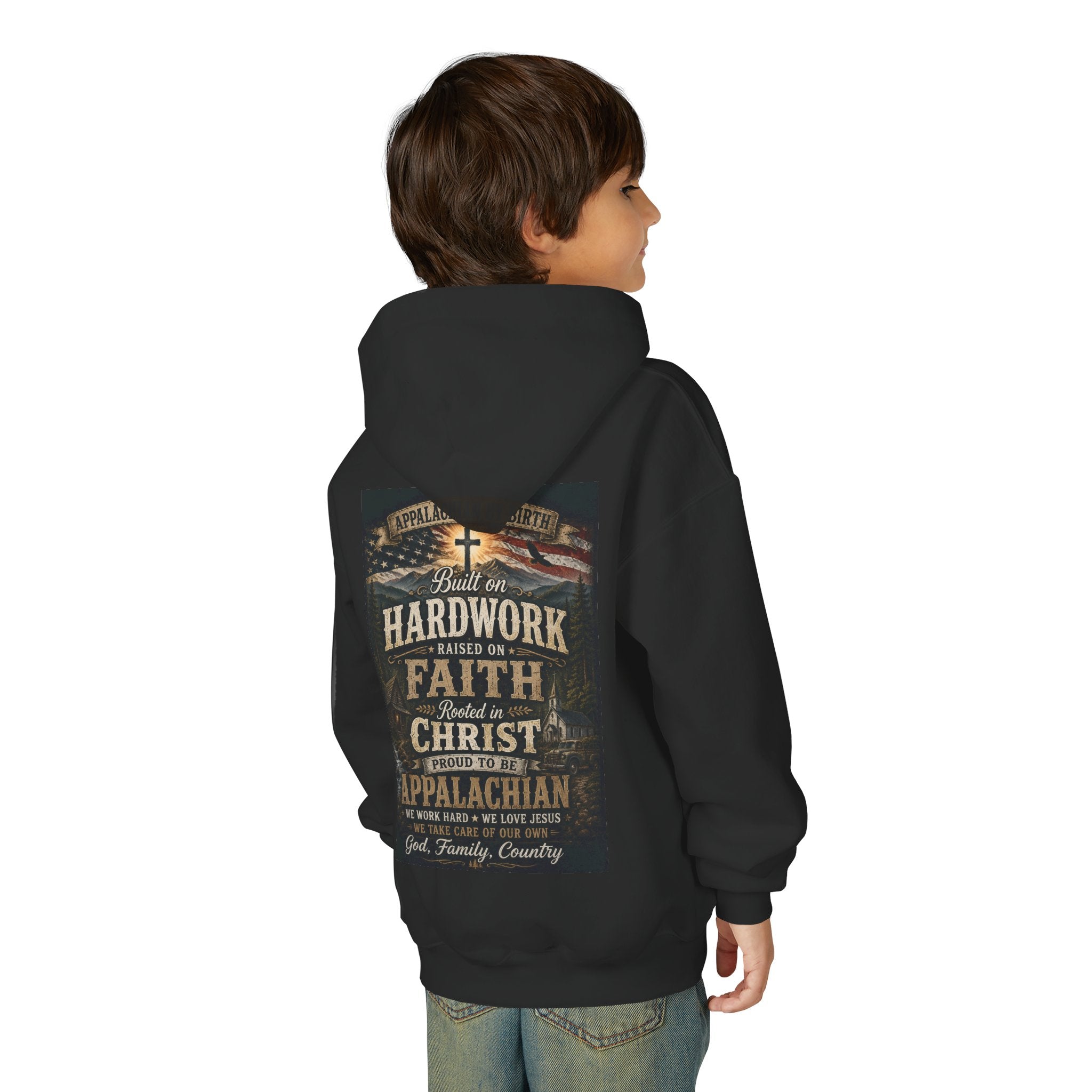 Youth Hoodie — 'Too Country to Care' / Appalachian Faith Graphic