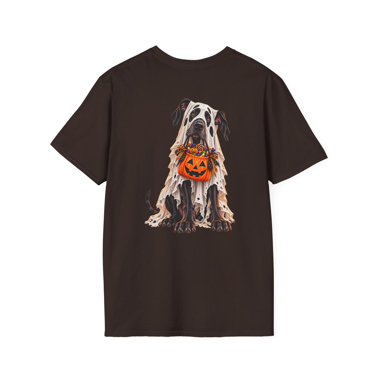 Halloween Dog T-Shirt — Great Dane with Pumpkin Candy Pail