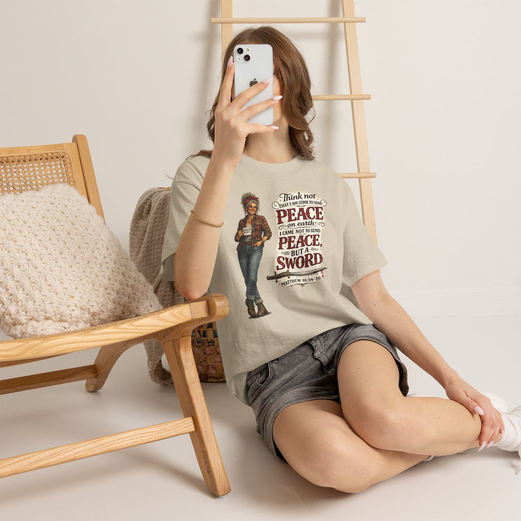 Christian Faith Tee — "I Come Not to Send Peace but a Sword" Matthew 10:34 Graphic Shirt
