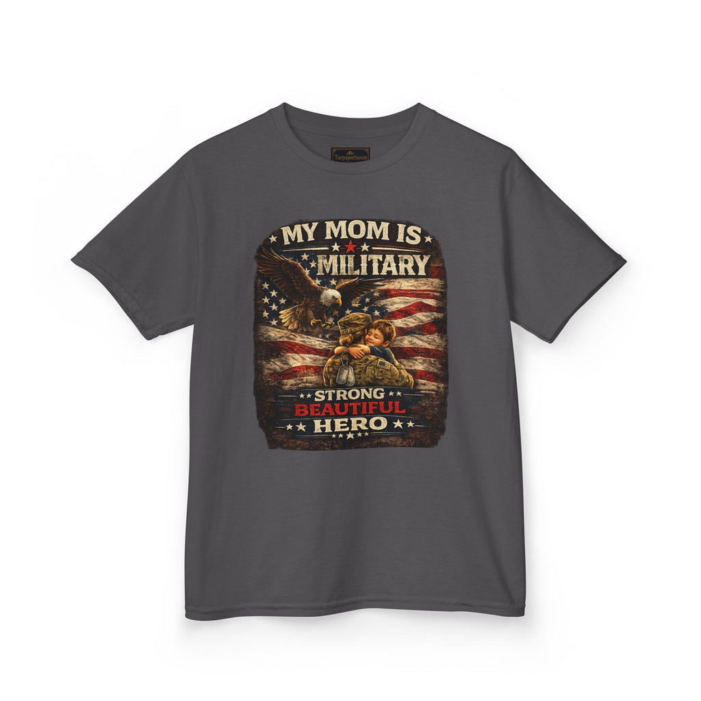 Kids Tee — "My Mom Is Military" Patriotic American Flag Shirt