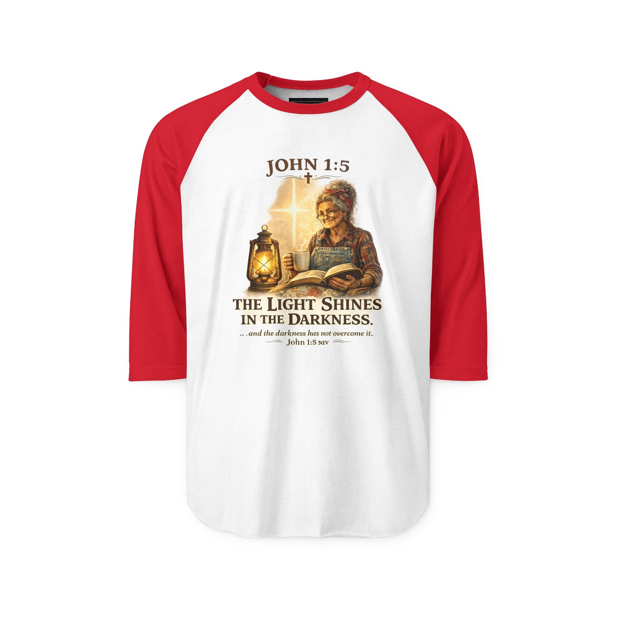 John 1:5 Lantern Graphic Raglan Shirt — "The Light Shines in the Darkness" Christian Baseball Tee