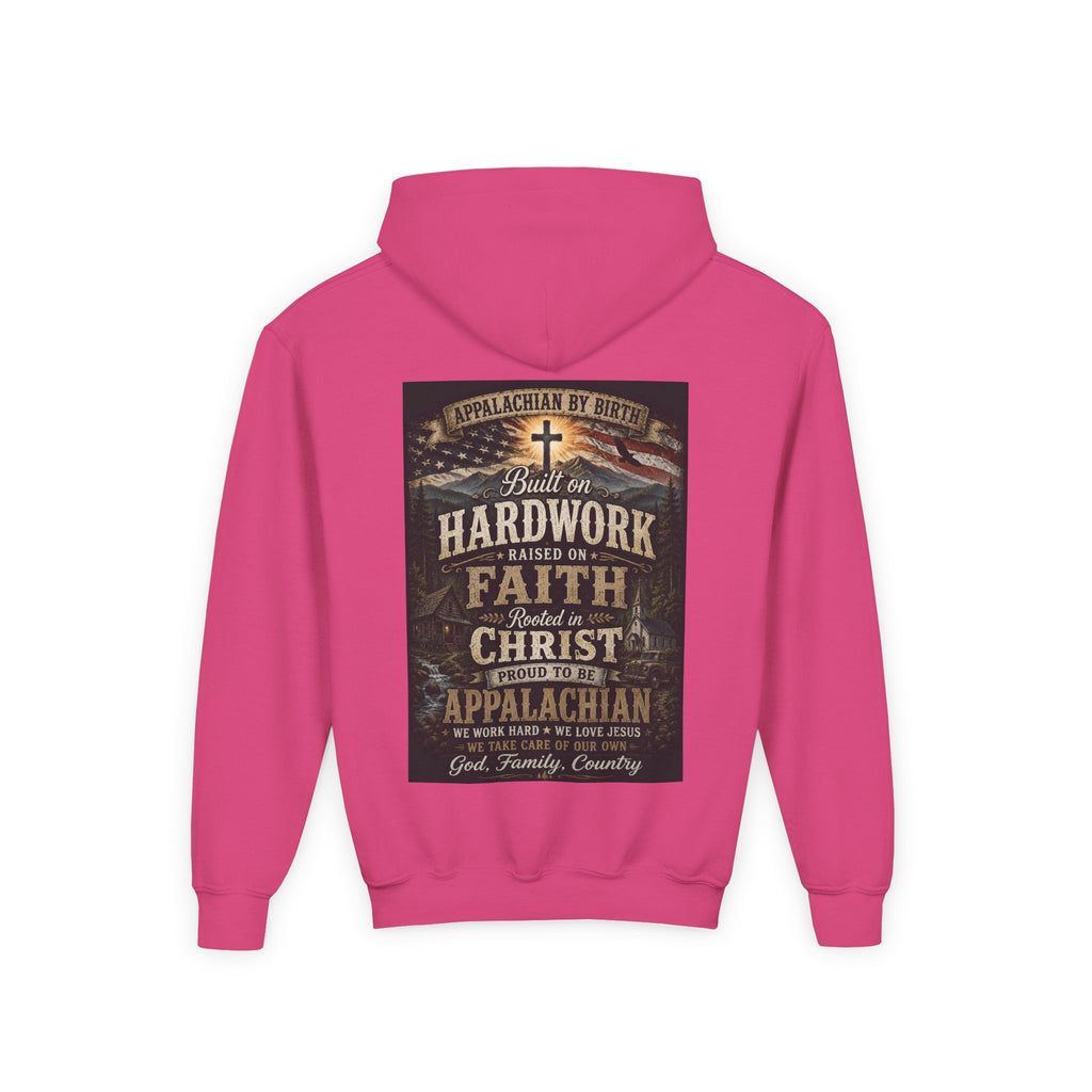 Youth Hoodie — 'Too Country to Care' / Appalachian Faith Graphic