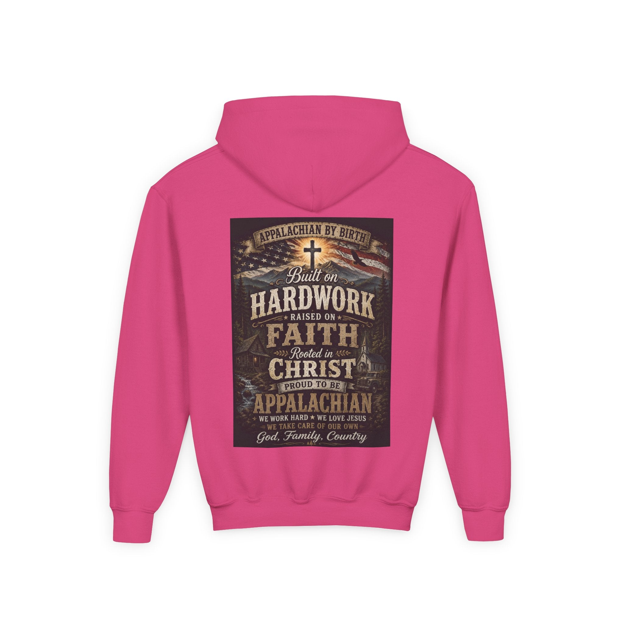 Youth Hoodie — 'Too Country to Care' / Appalachian Faith Graphic