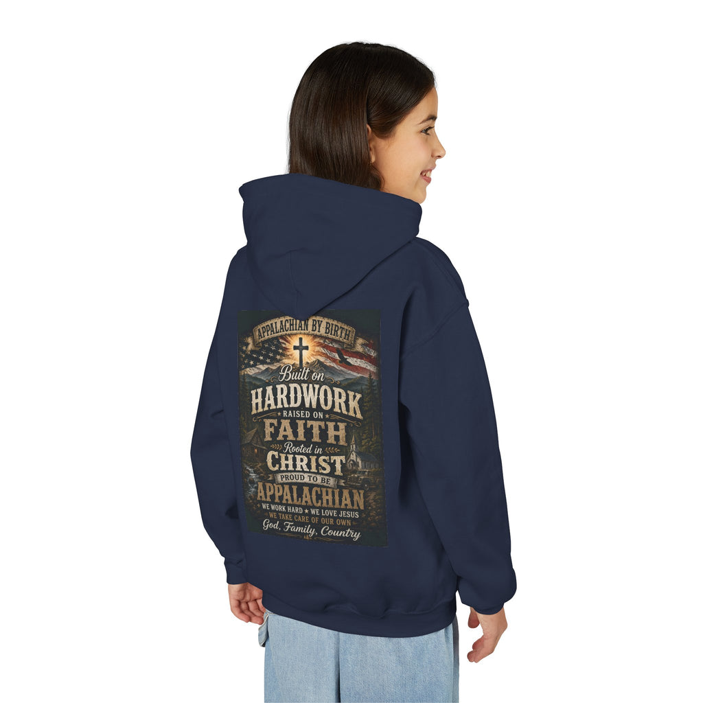 Youth Hoodie — 'Too Country to Care' / Appalachian Faith Graphic