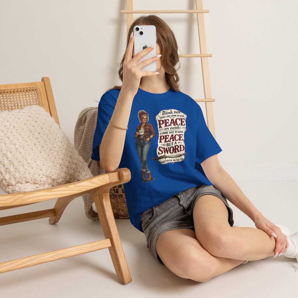 Christian Faith Tee — "I Come Not to Send Peace but a Sword" Matthew 10:34 Graphic Shirt