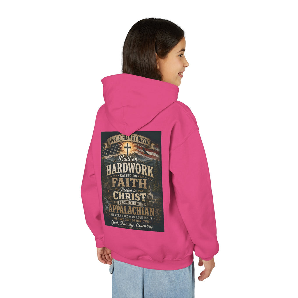 Youth Hoodie — 'Too Country to Care' / Appalachian Faith Graphic