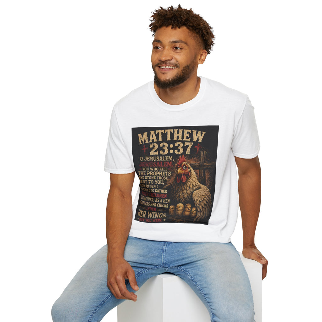 Matthew 23:37 Scripture T-Shirt — Jerusalem Biblical Verse Hen Design