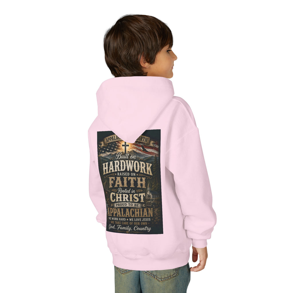 Youth Hoodie — 'Too Country to Care' / Appalachian Faith Graphic