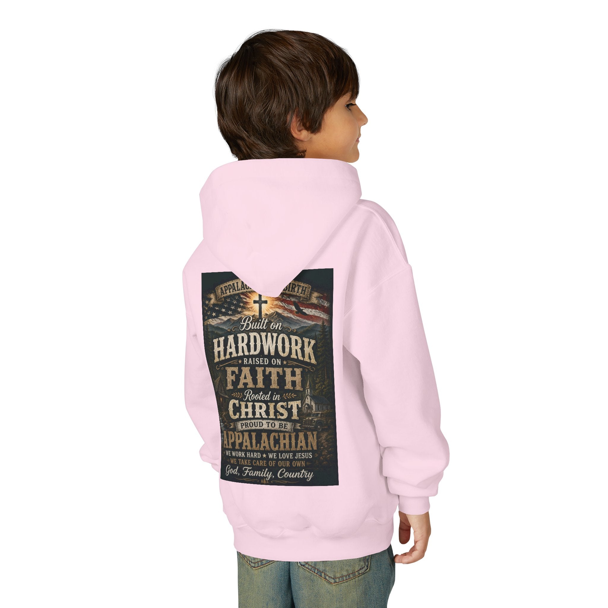 Youth Hoodie — 'Too Country to Care' / Appalachian Faith Graphic