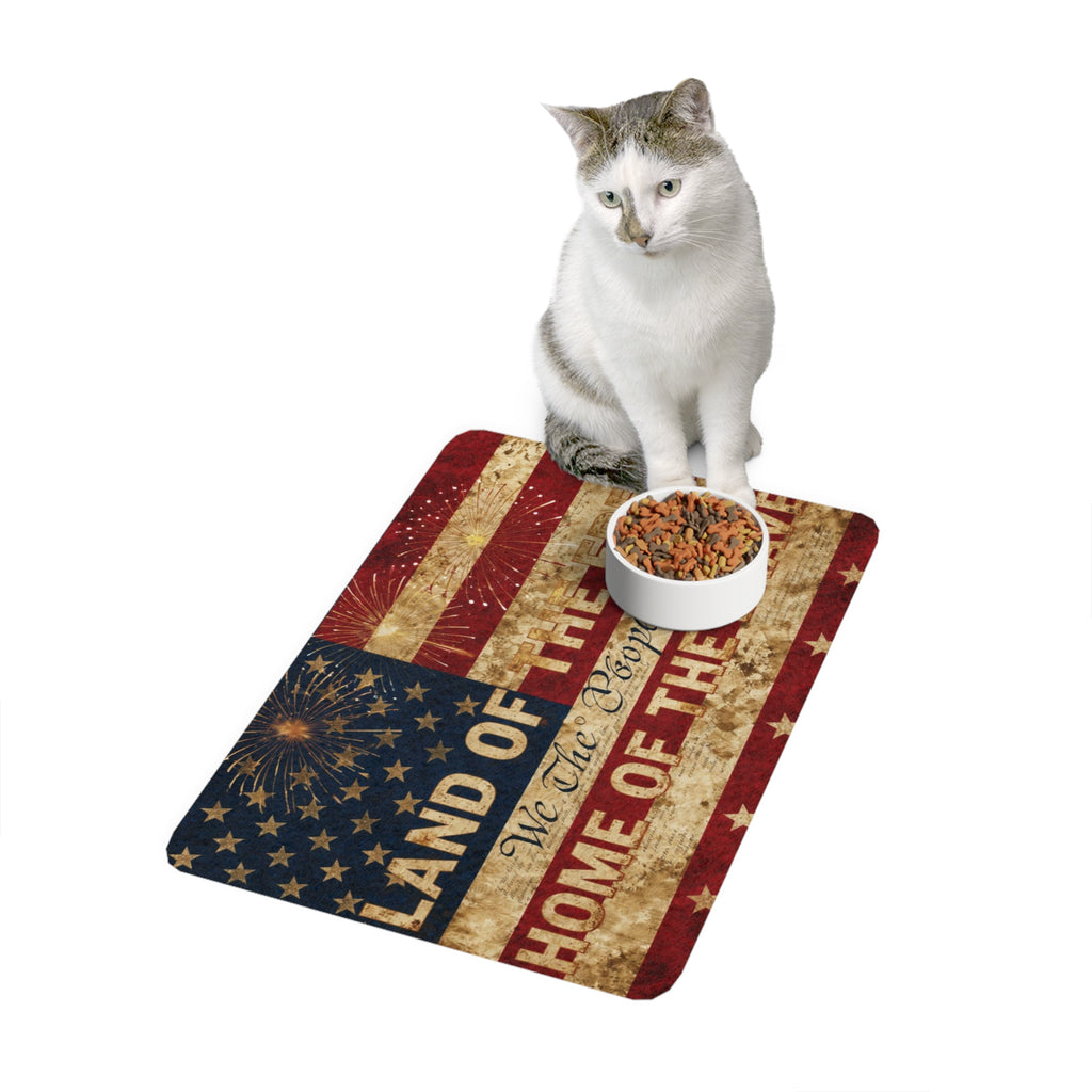 Patriotic "Land of the Free, Home of the Brave" Pet Food Mat (12x18)