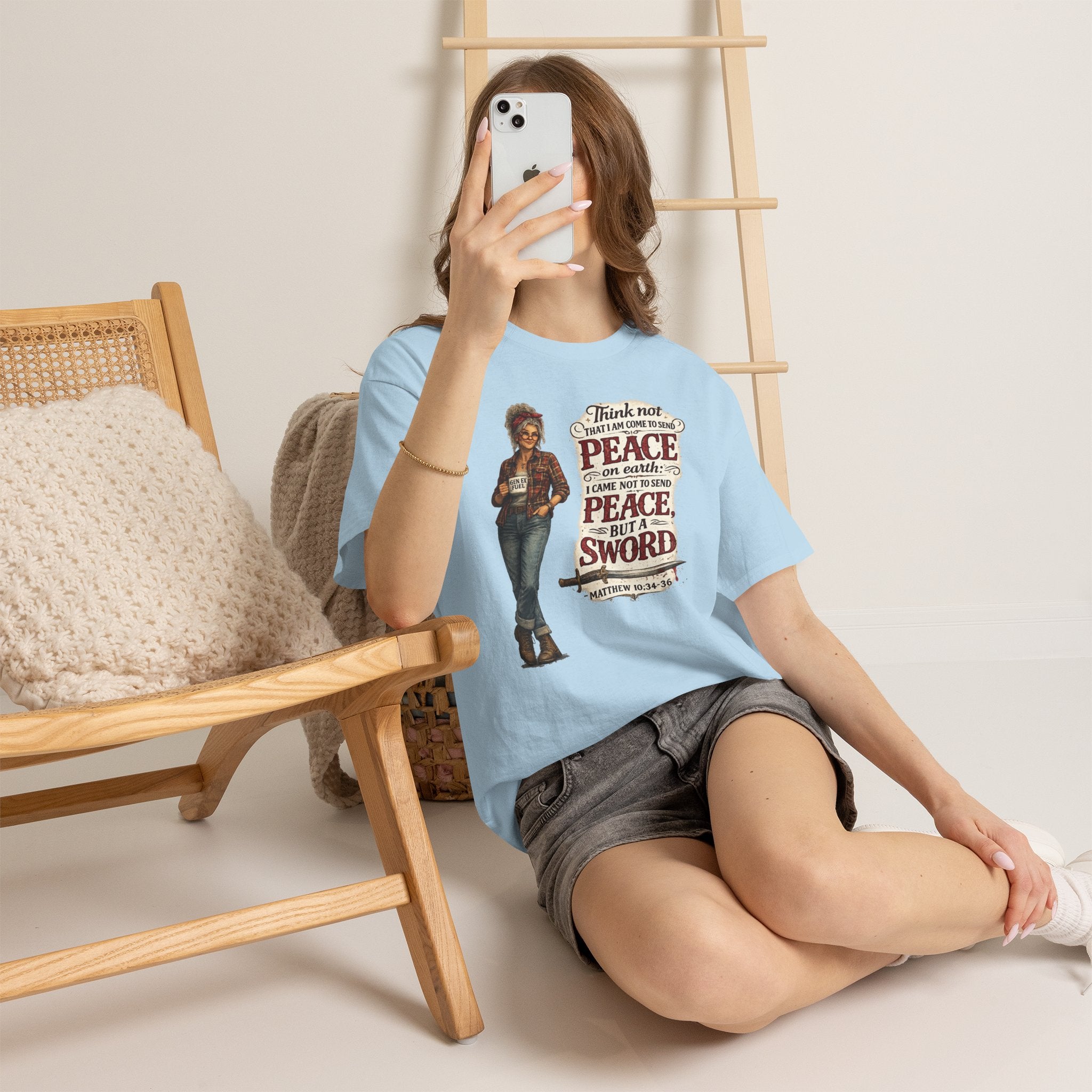 Christian Faith Tee — "I Come Not to Send Peace but a Sword" Matthew 10:34 Graphic Shirt