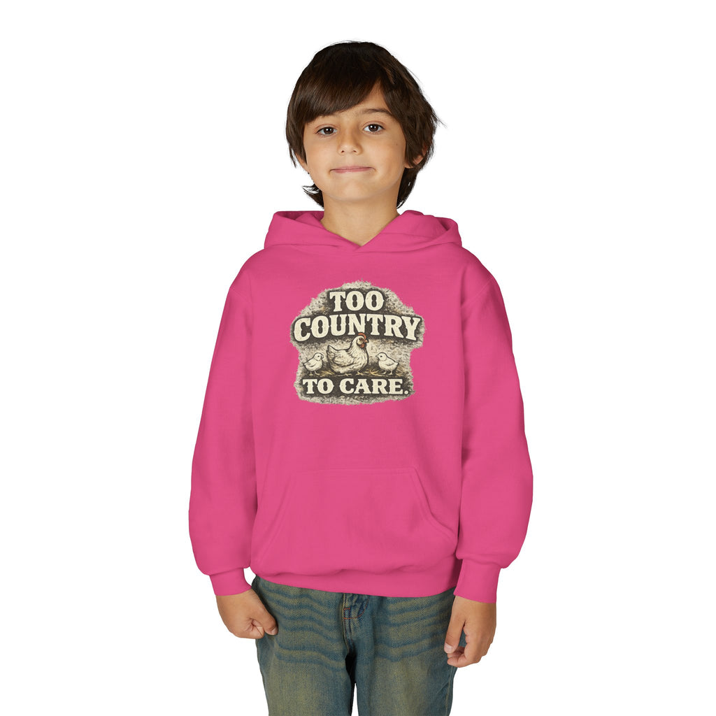 Youth Hoodie — 'Too Country to Care' / Appalachian Faith Graphic