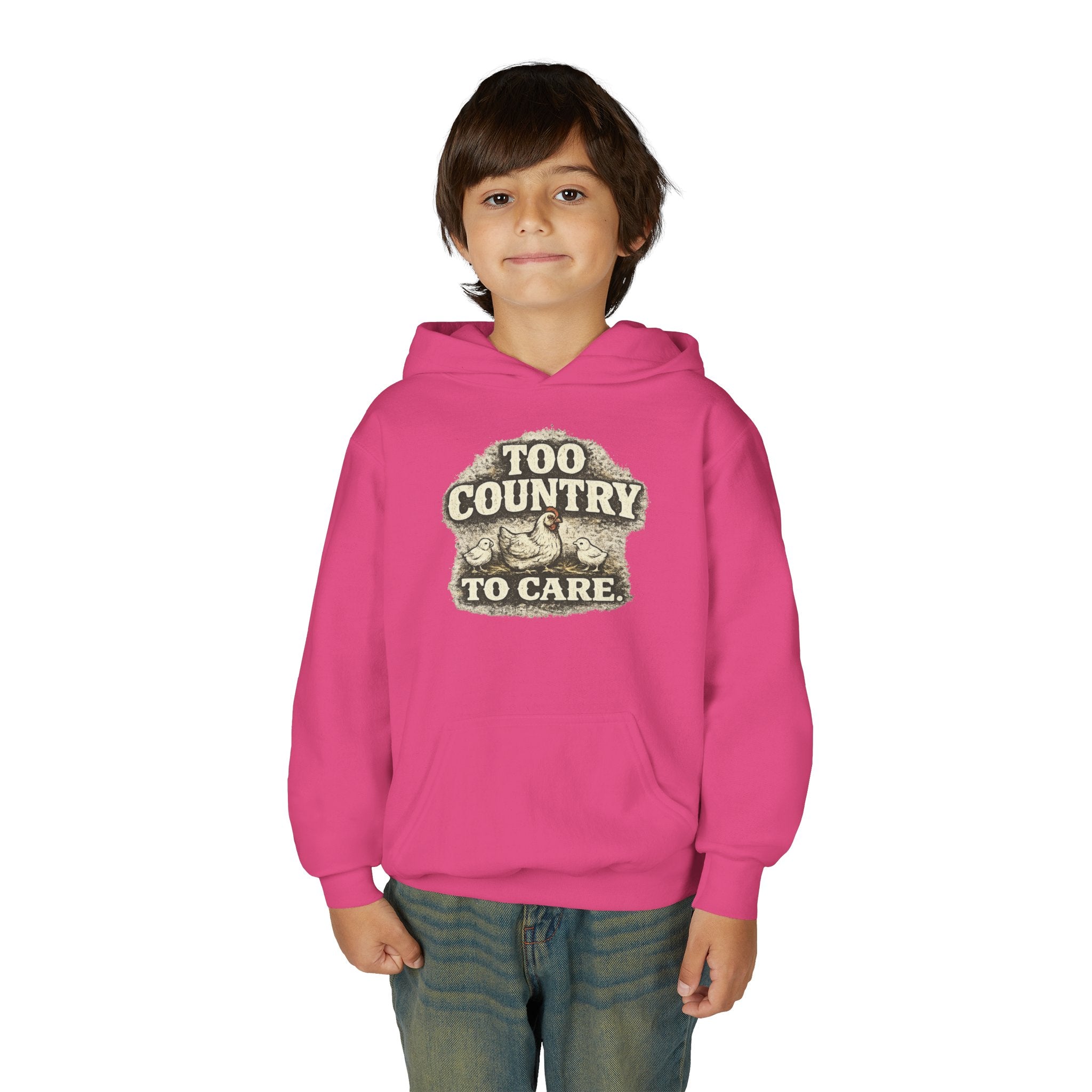 Youth Hoodie — 'Too Country to Care' / Appalachian Faith Graphic
