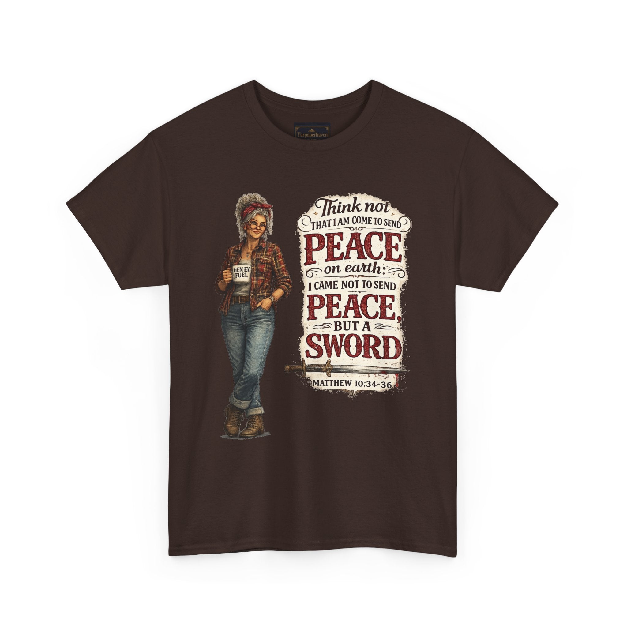 Christian Faith Tee — "I Come Not to Send Peace but a Sword" Matthew 10:34 Graphic Shirt
