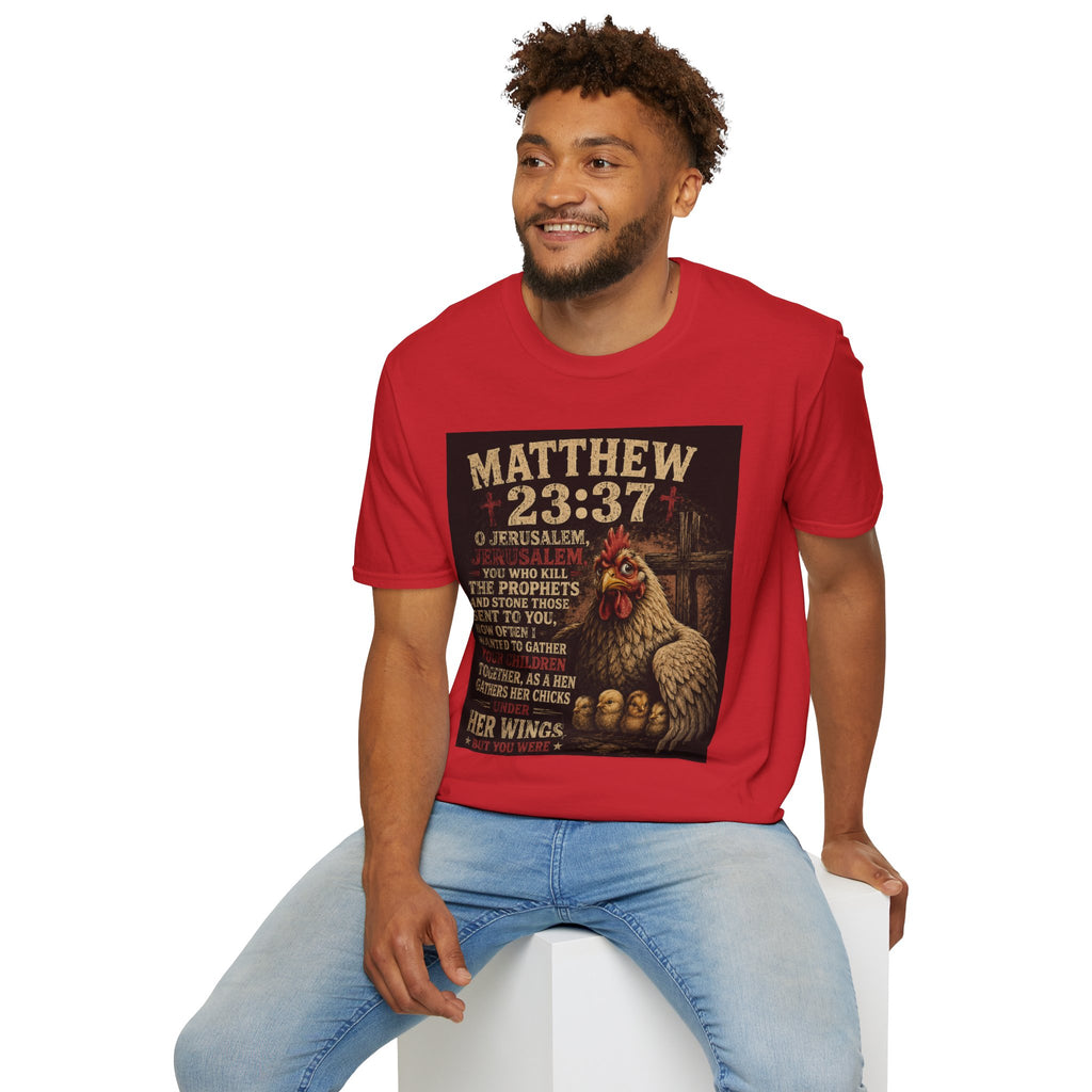 Matthew 23:37 Scripture T-Shirt — Jerusalem Biblical Verse Hen Design